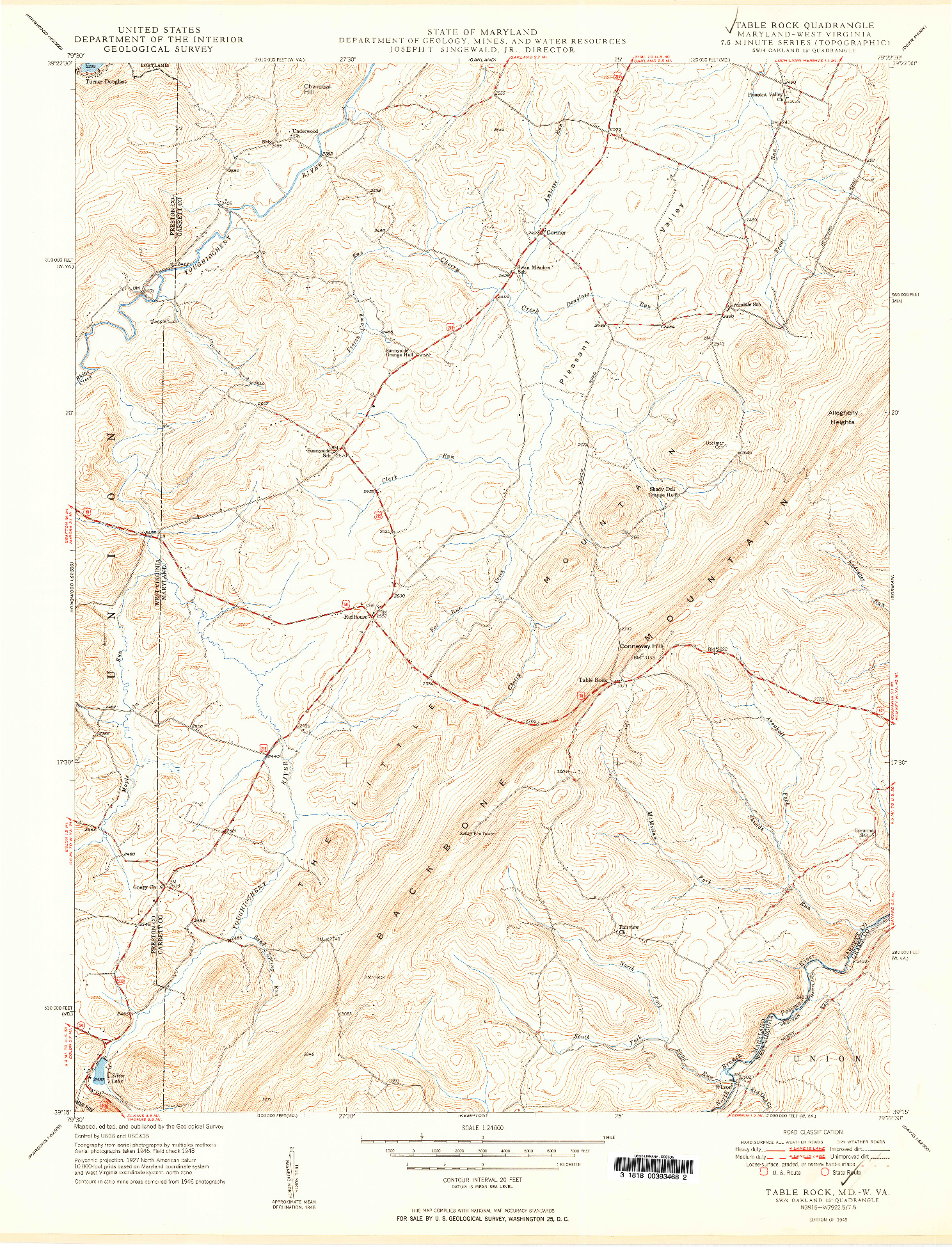USGS 1:24000-SCALE QUADRANGLE FOR TABLE ROCK, MD 1949