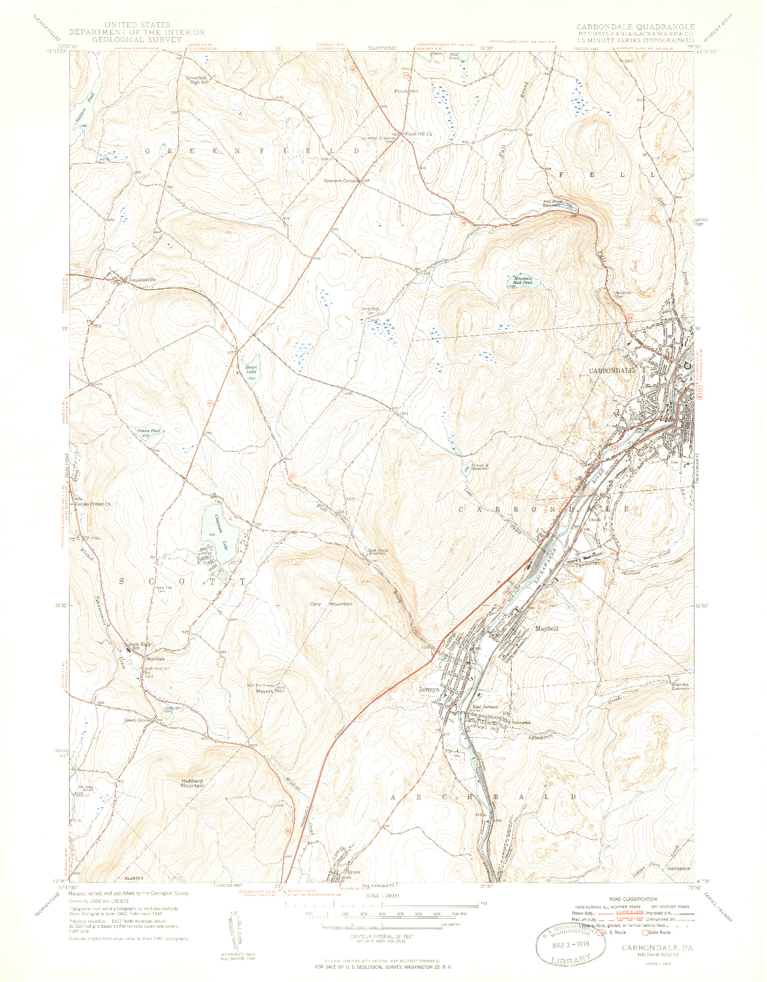 USGS 1:24000-SCALE QUADRANGLE FOR CARBONDALE, PA 1949