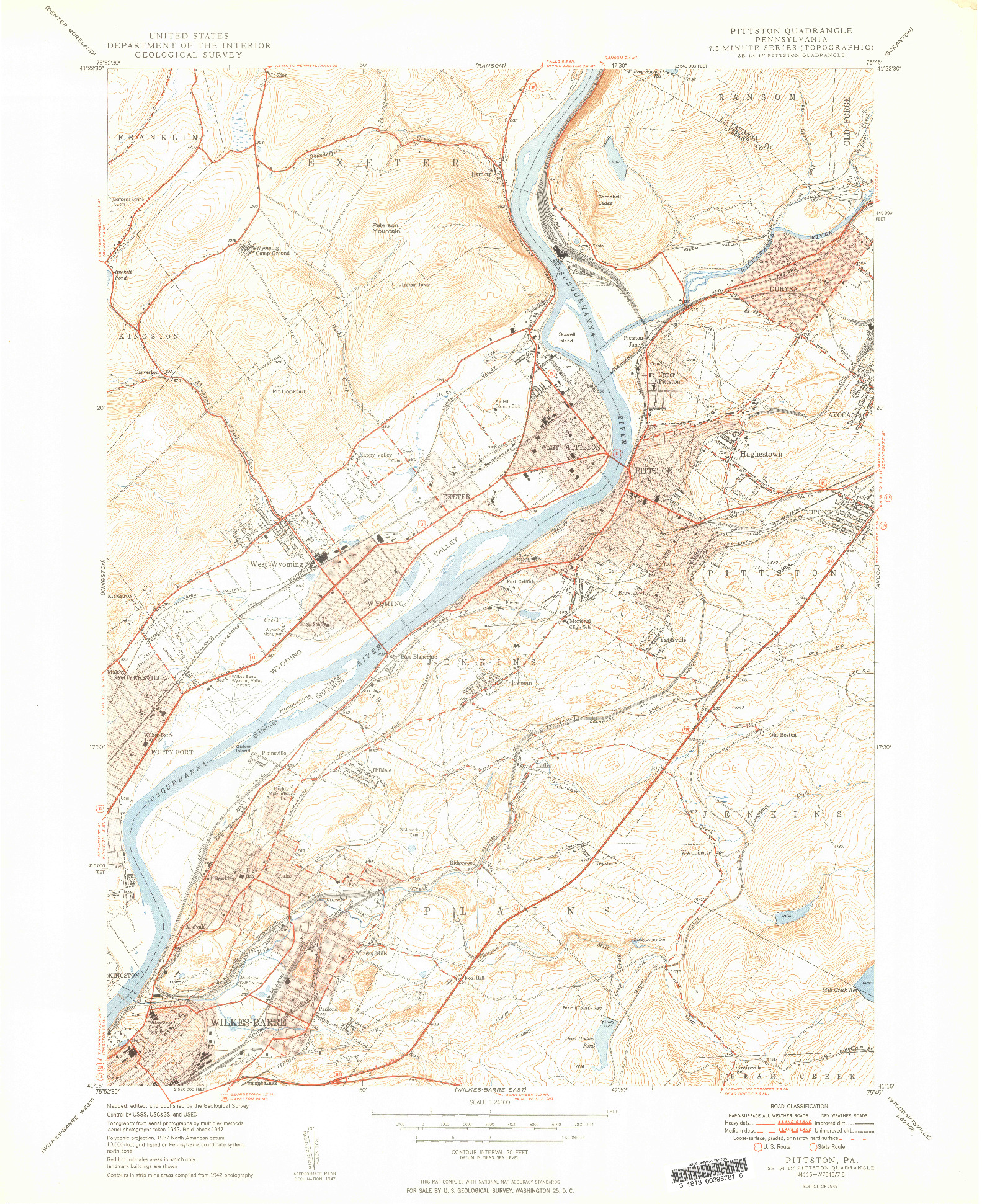 USGS 1:24000-SCALE QUADRANGLE FOR PITTSTON, PA 1949