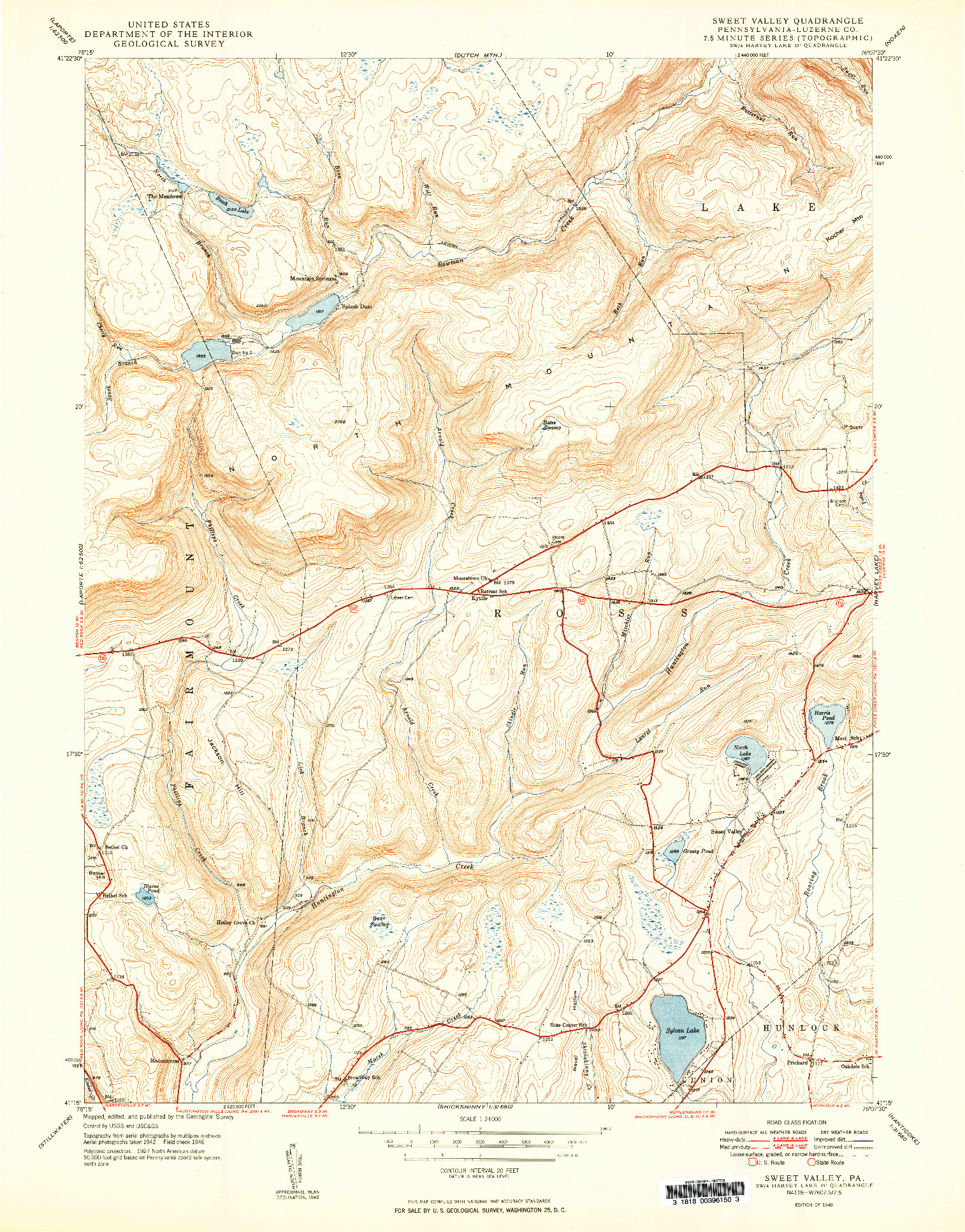 USGS 1:24000-SCALE QUADRANGLE FOR SWEET VALLEY, PA 1949