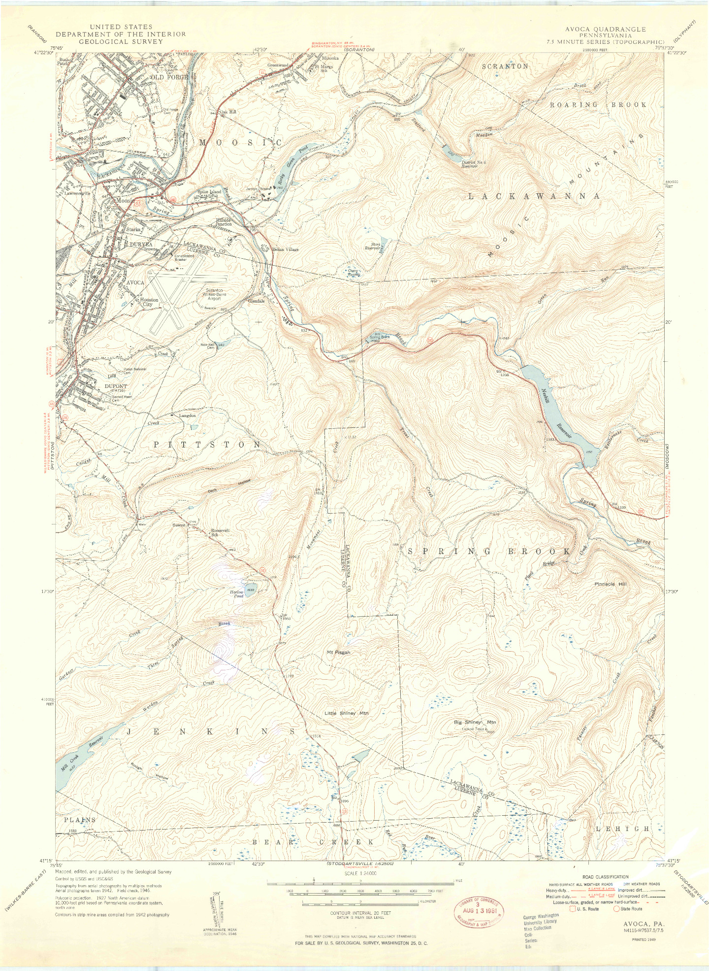 USGS 1:24000-SCALE QUADRANGLE FOR AVOCA, PA 1949