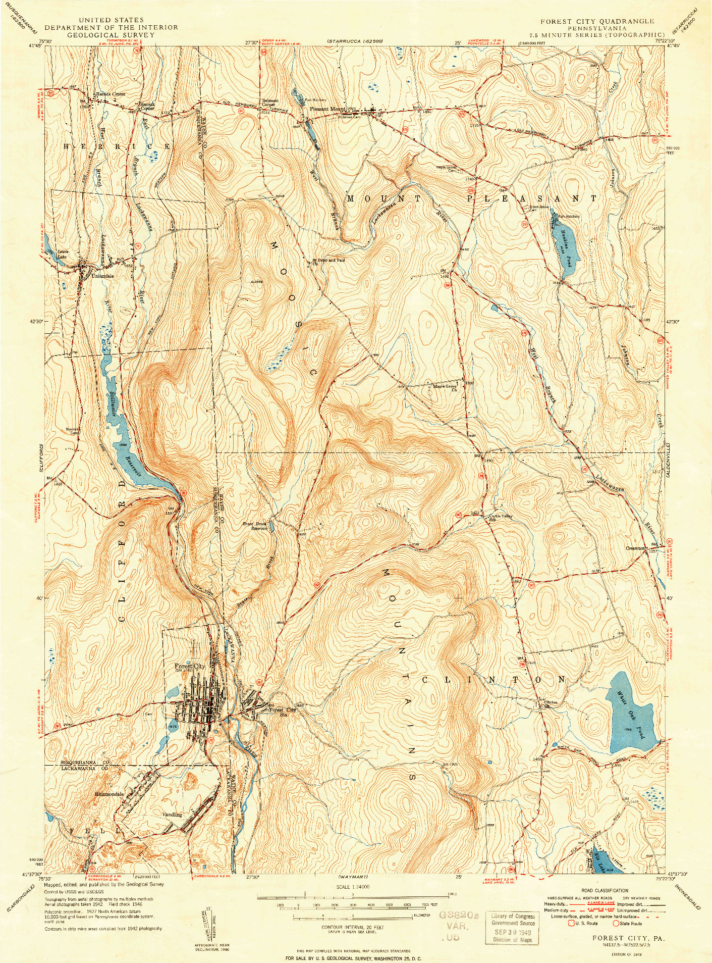 USGS 1:24000-SCALE QUADRANGLE FOR FOREST CITY, PA 1949