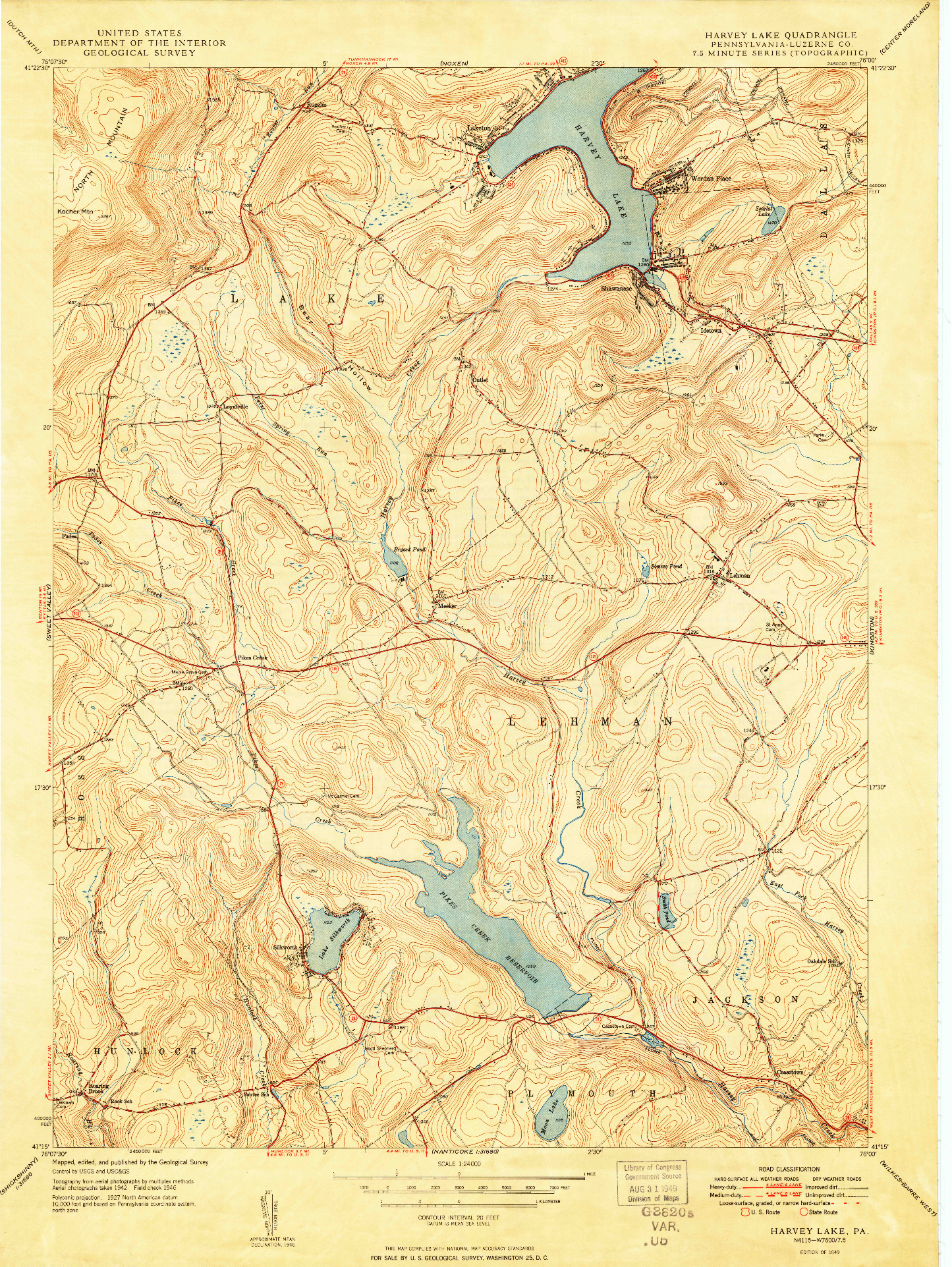 USGS 1:24000-SCALE QUADRANGLE FOR HARVEY LAKE, PA 1949