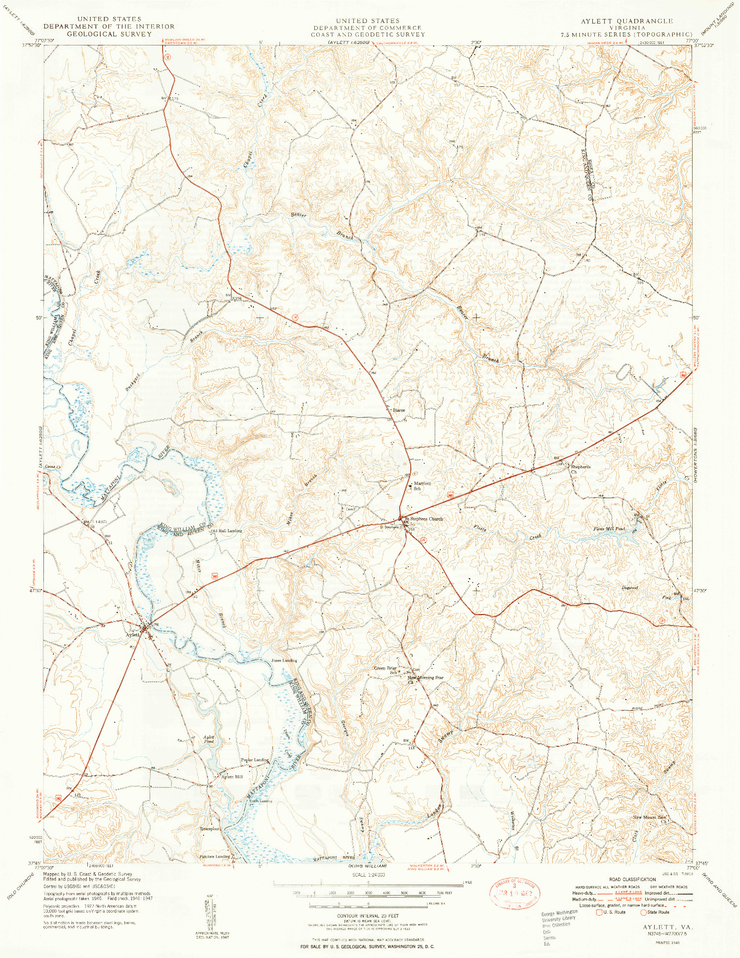 USGS 1:24000-SCALE QUADRANGLE FOR AYLETT, VA 1949