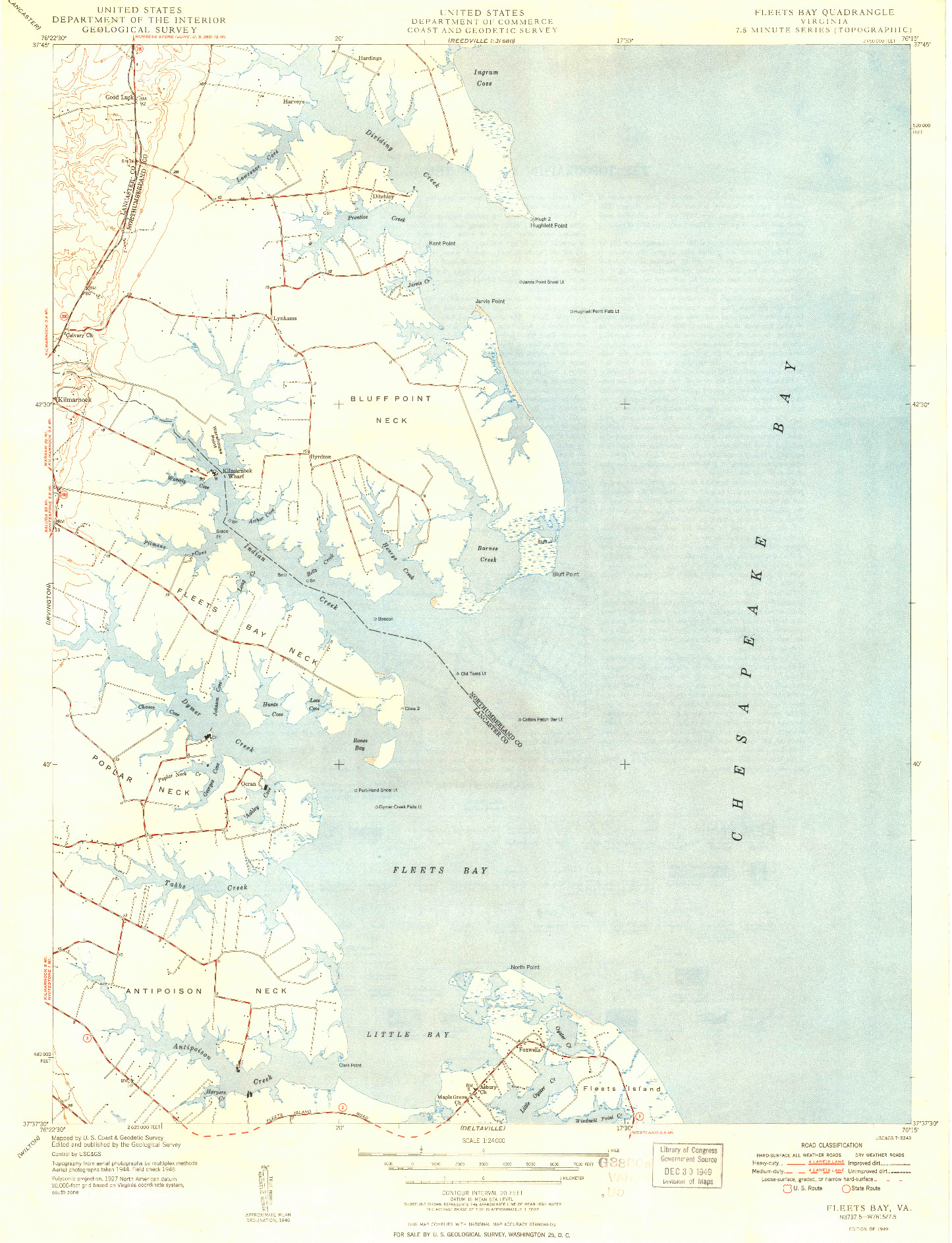 USGS 1:24000-SCALE QUADRANGLE FOR FLEETS BAY, VA 1949
