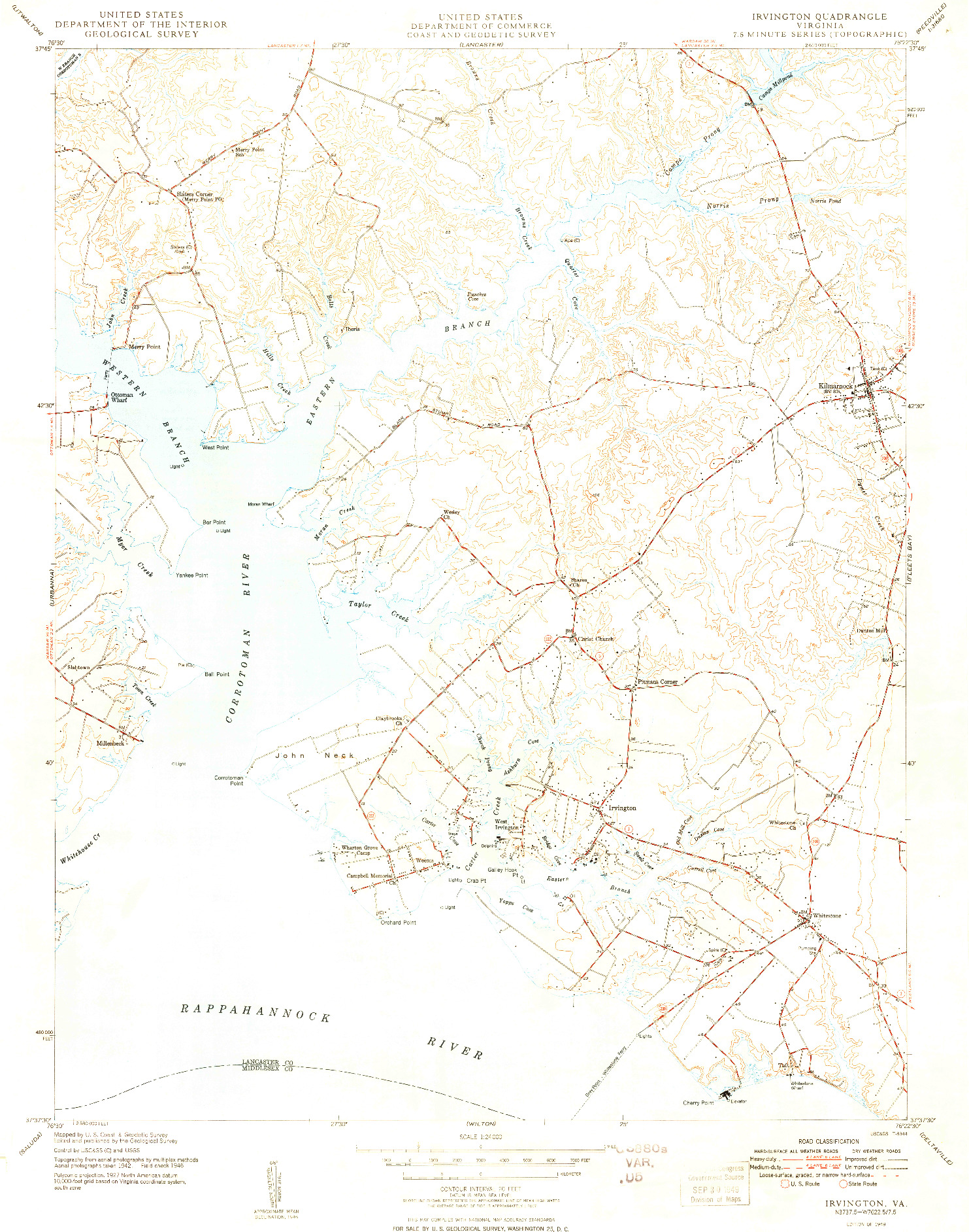 USGS 1:24000-SCALE QUADRANGLE FOR IRVINGTON, VA 1949