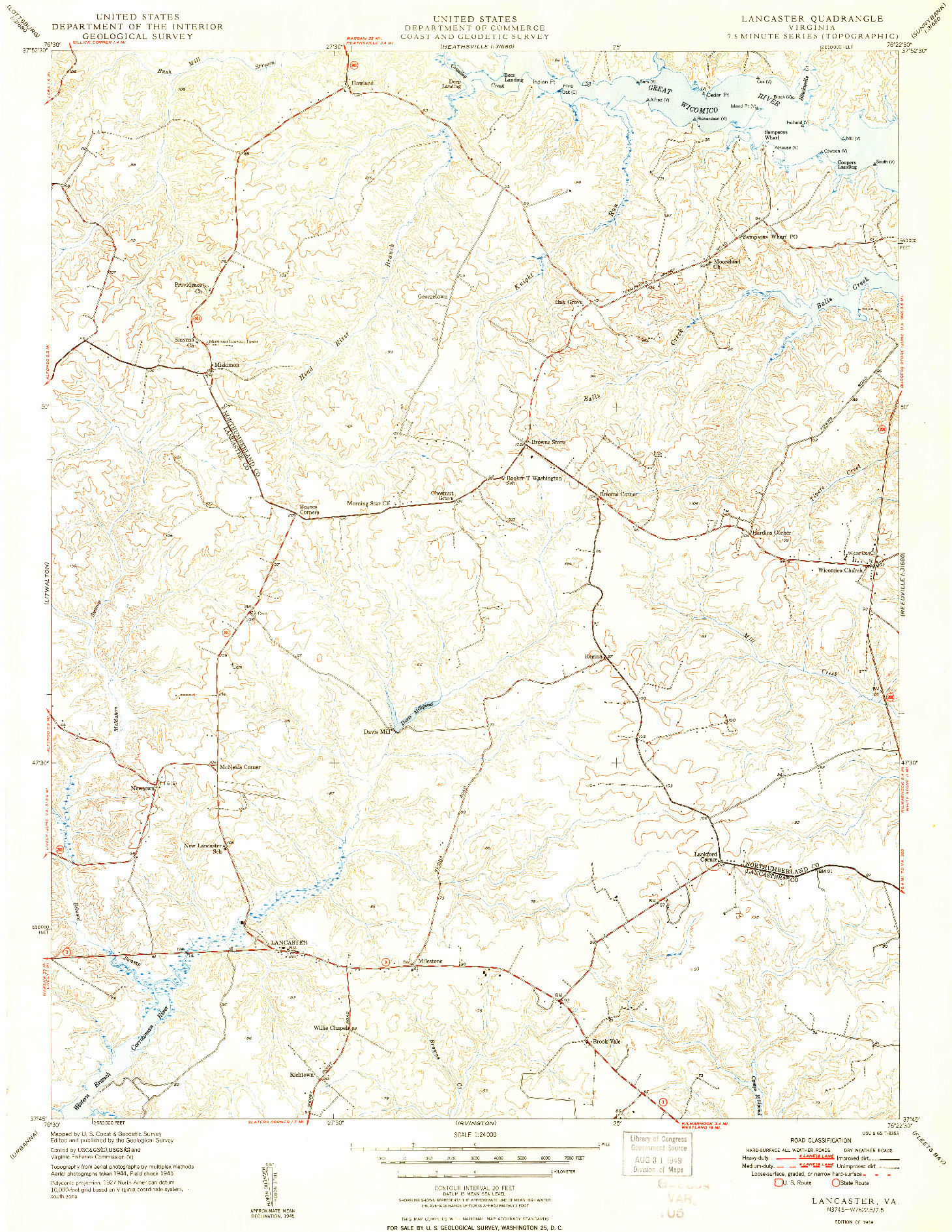 USGS 1:24000-SCALE QUADRANGLE FOR LANCASTER, VA 1949