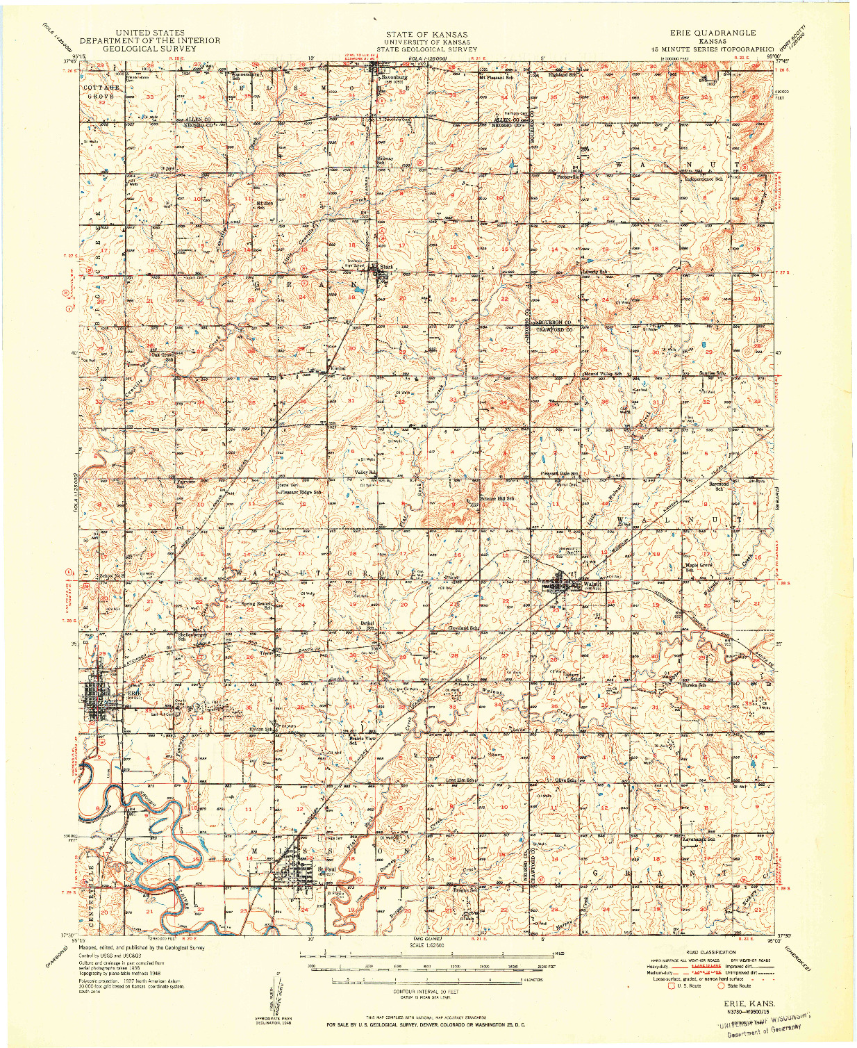 USGS 1:62500-SCALE QUADRANGLE FOR ERIE, KS 1949