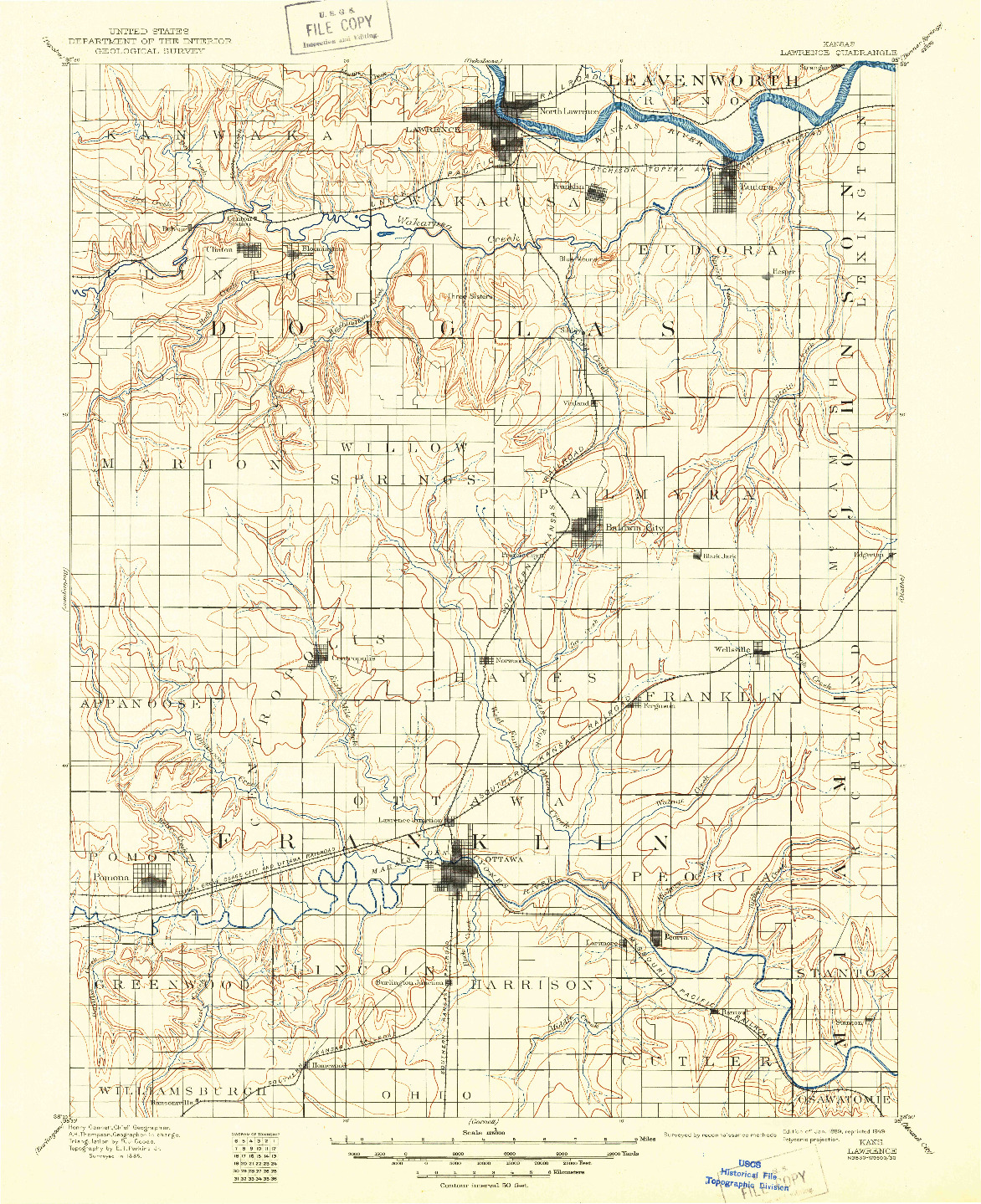 USGS 1:125000-SCALE QUADRANGLE FOR LAWRENCE, KS 1889