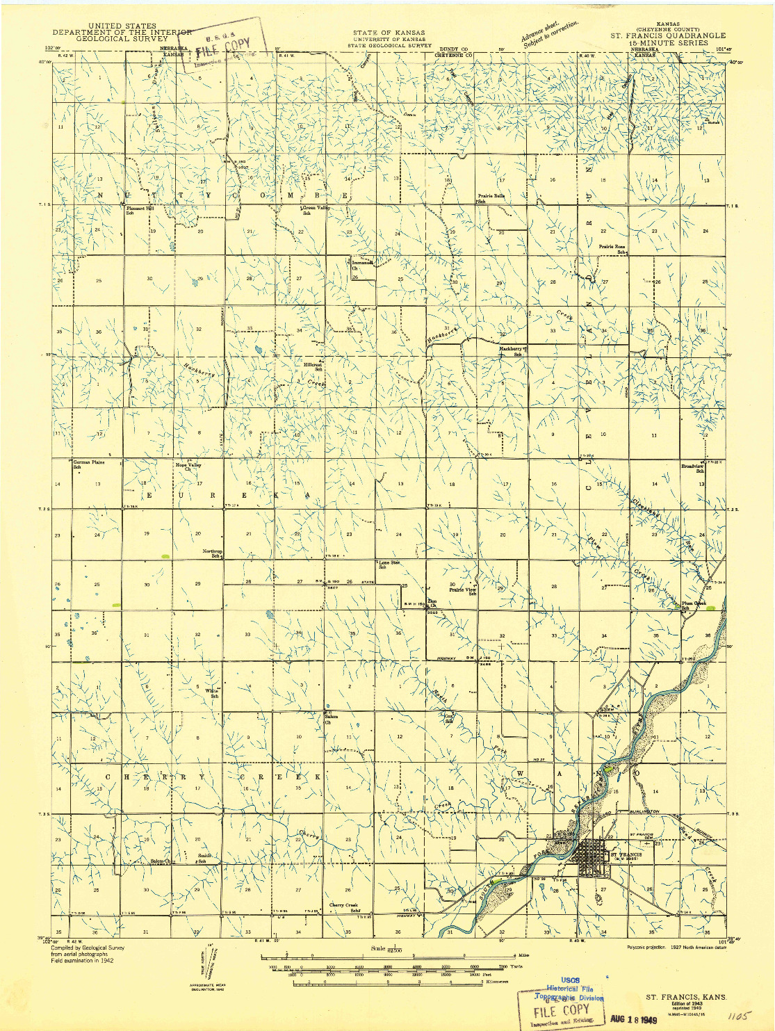USGS 1:62500-SCALE QUADRANGLE FOR ST. FRANCIS, KS 1943
