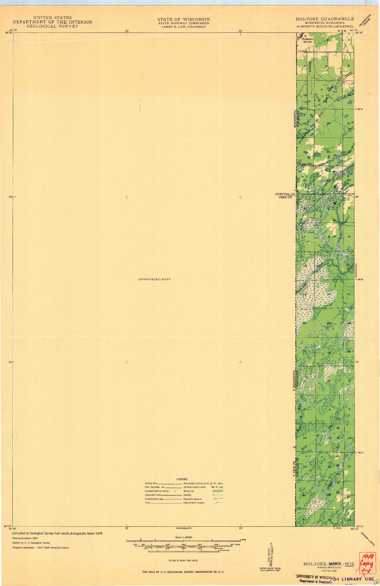 USGS 1:48000-SCALE QUADRANGLE FOR HOLYOKE, MN 1949