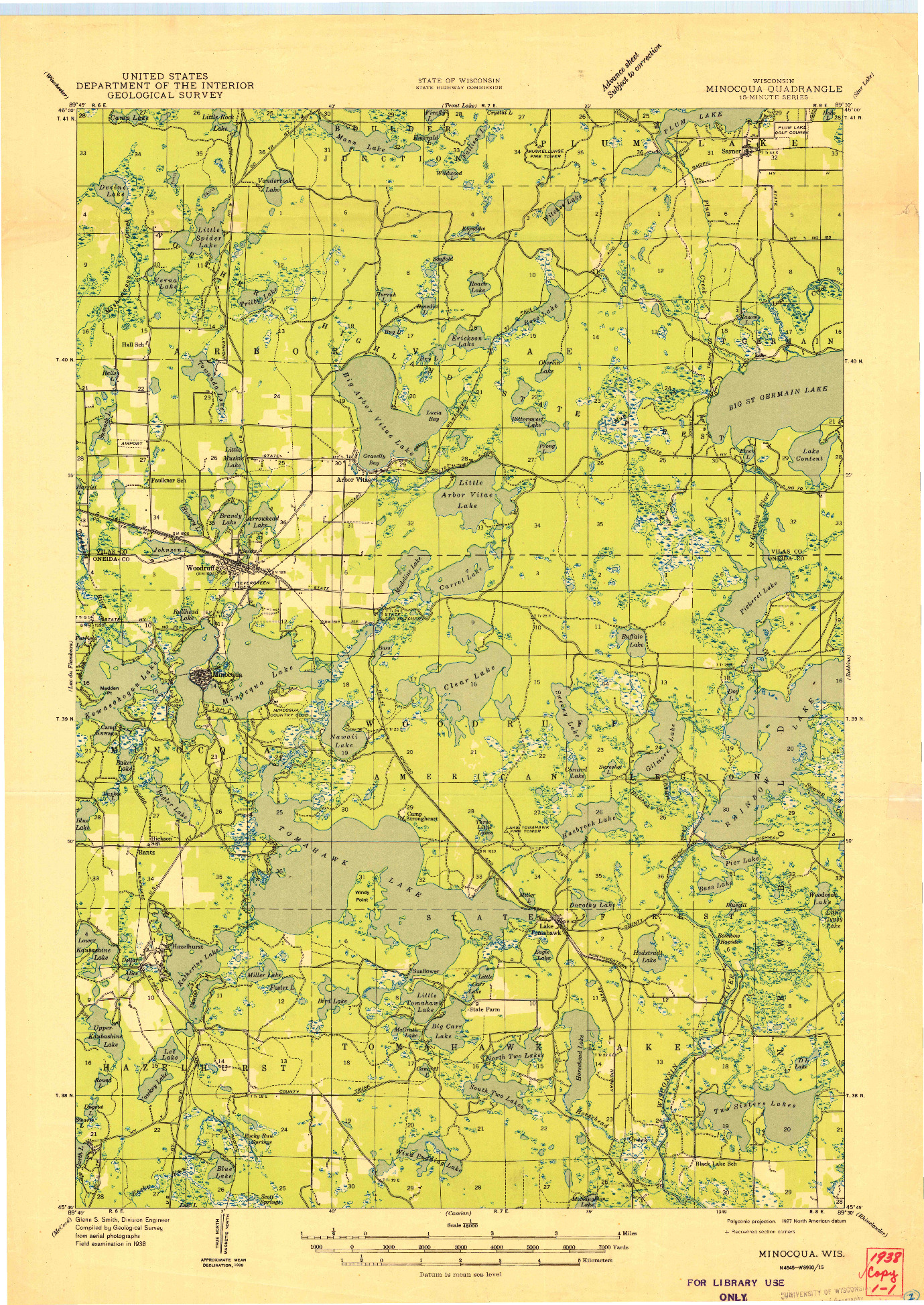 USGS 1:48000-SCALE QUADRANGLE FOR MINOCQUA, WI 1949