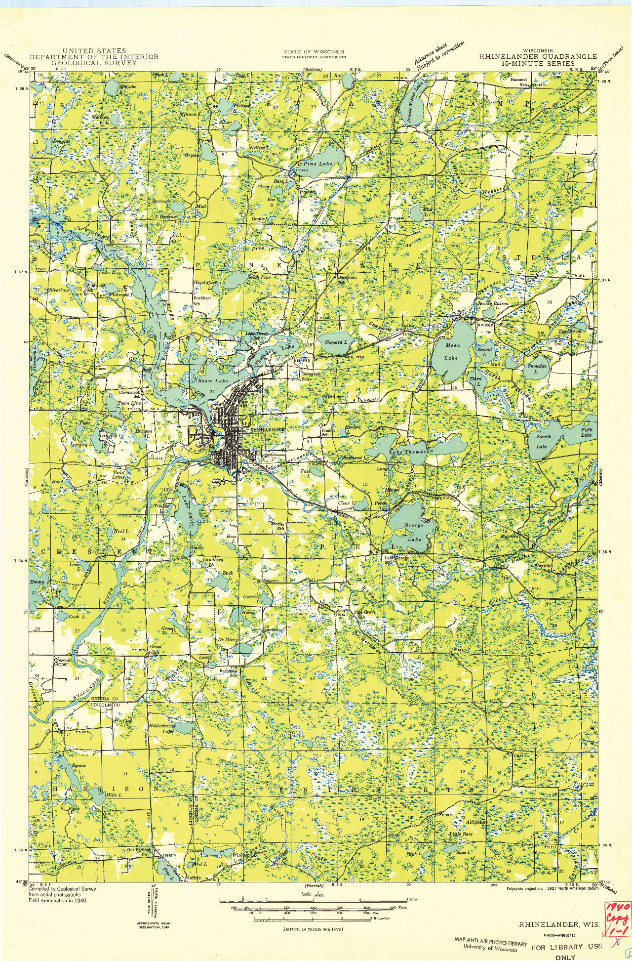 USGS 1:48000-SCALE QUADRANGLE FOR RHINELANDER, WI 1949