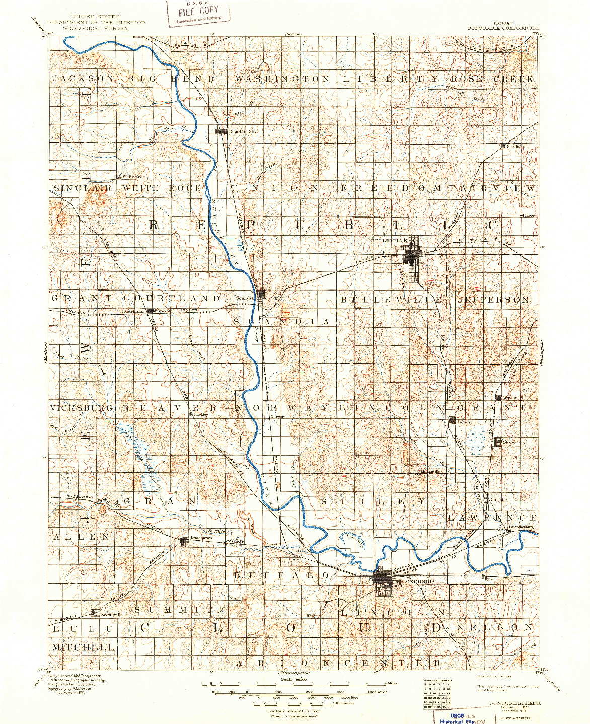 USGS 1:125000-SCALE QUADRANGLE FOR CONCORDIA, KS 1892