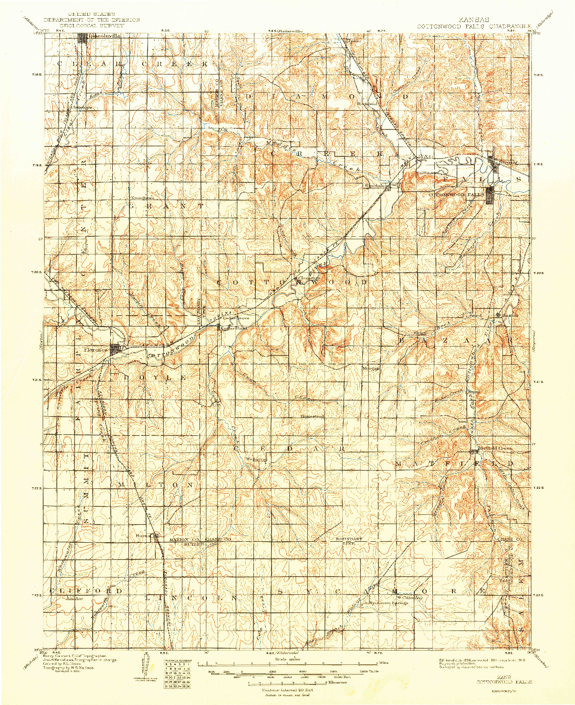 USGS 1:125000-SCALE QUADRANGLE FOR COTTONWOOD FALLS, KS 1898