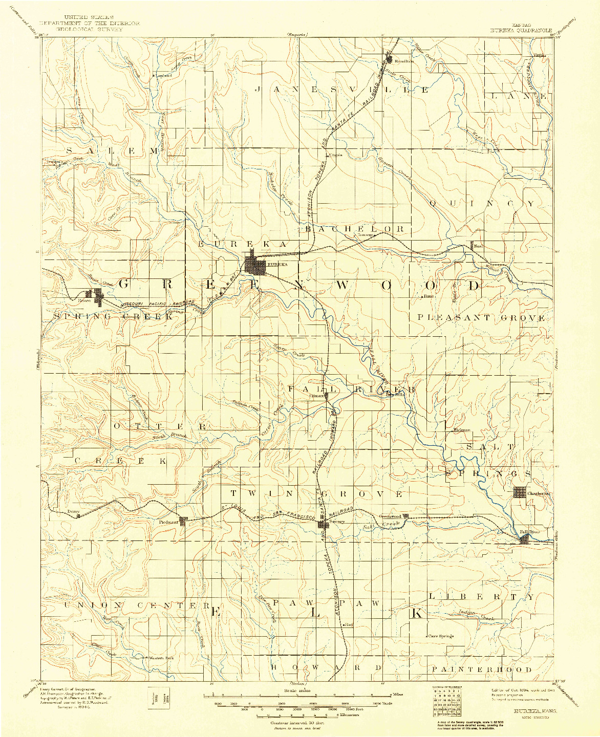 USGS 1:125000-SCALE QUADRANGLE FOR EUREKA, KS 1894