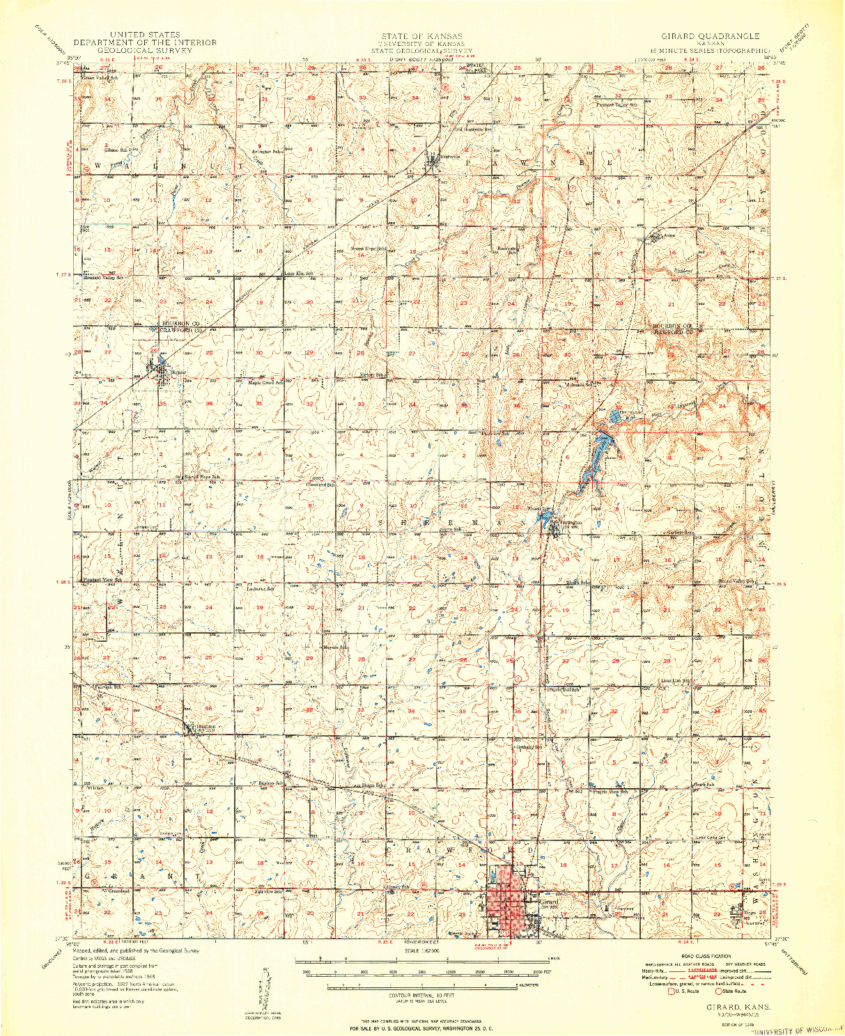 USGS 1:62500-SCALE QUADRANGLE FOR GIRARD, KS 1949
