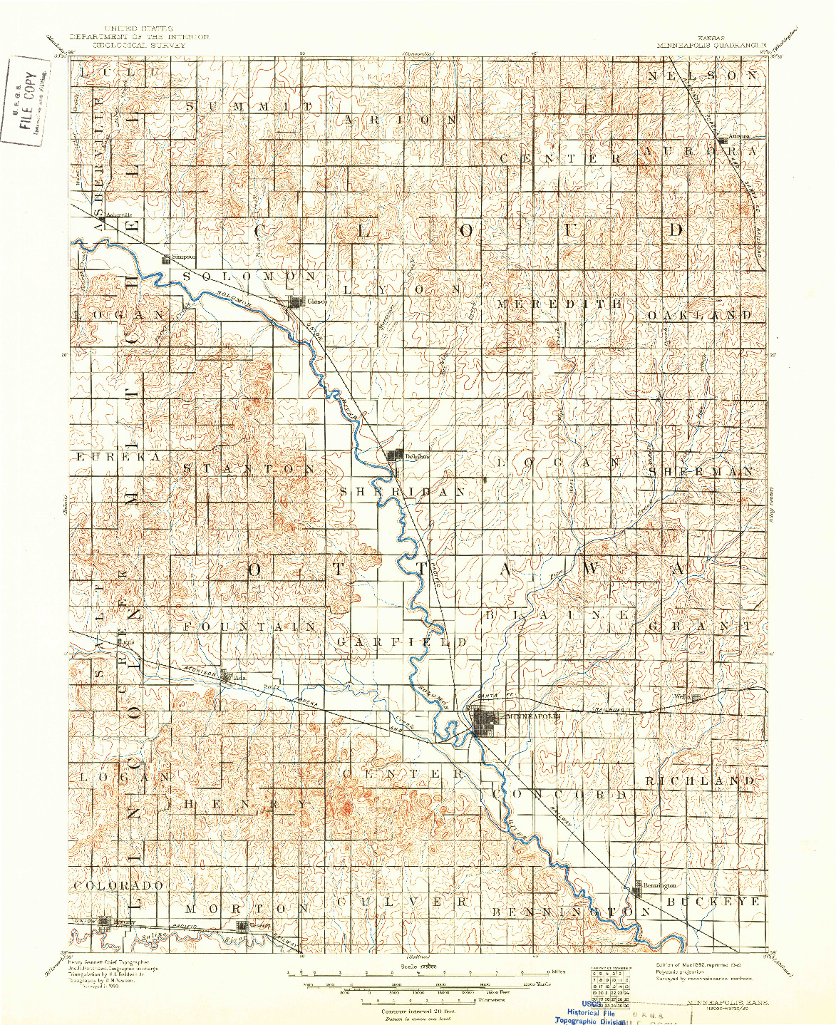 USGS 1:125000-SCALE QUADRANGLE FOR MINNEAPOLIS, KS 1892