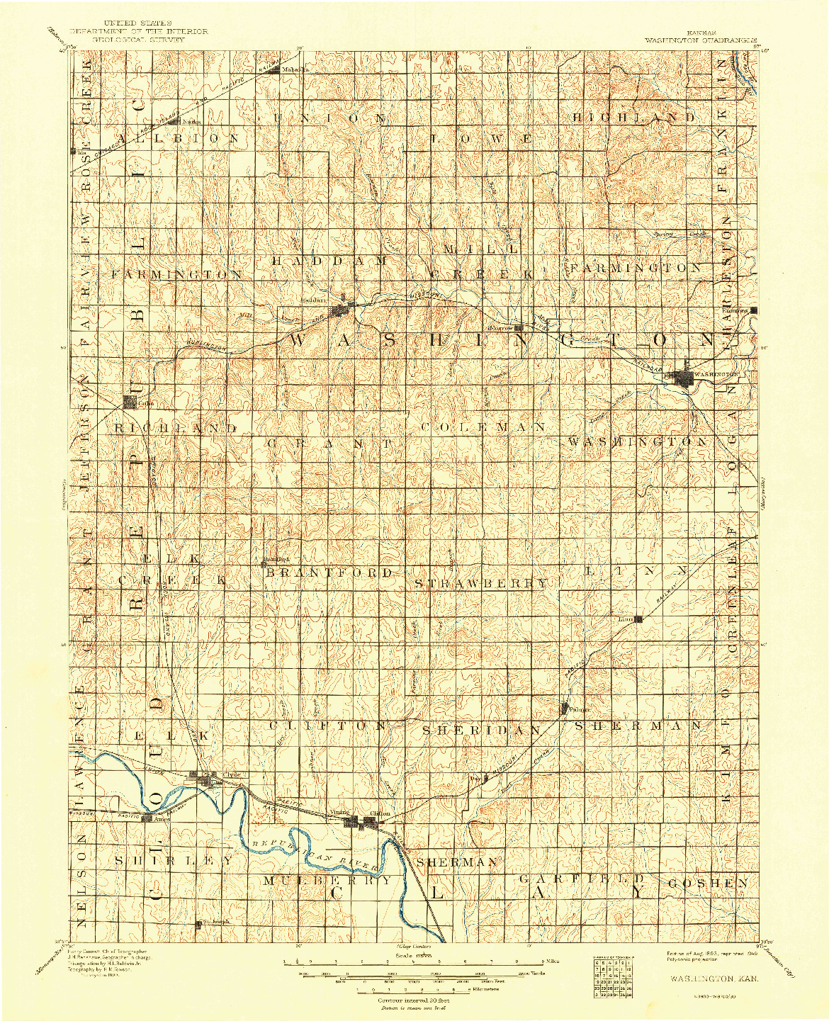 USGS 1:125000-SCALE QUADRANGLE FOR WASHINGTON, KS 1893