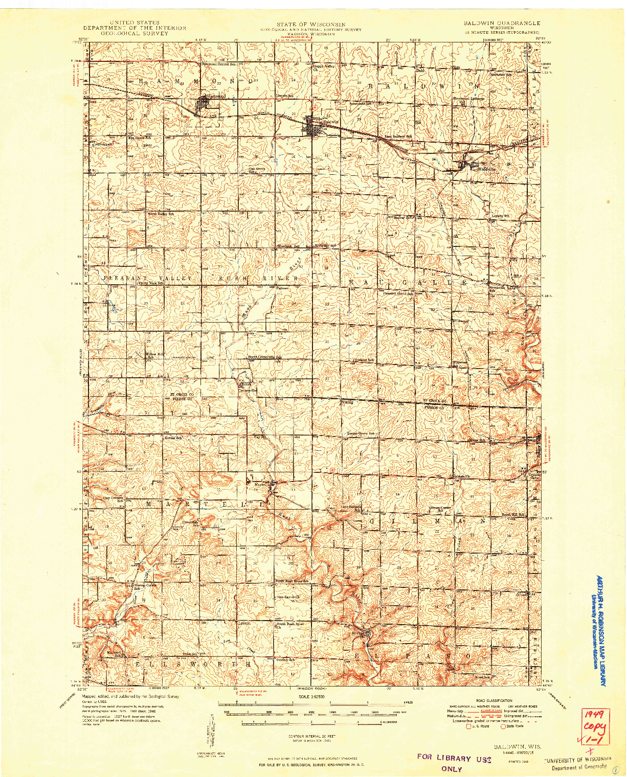 USGS 1:62500-SCALE QUADRANGLE FOR BALDWIN, WI 1949