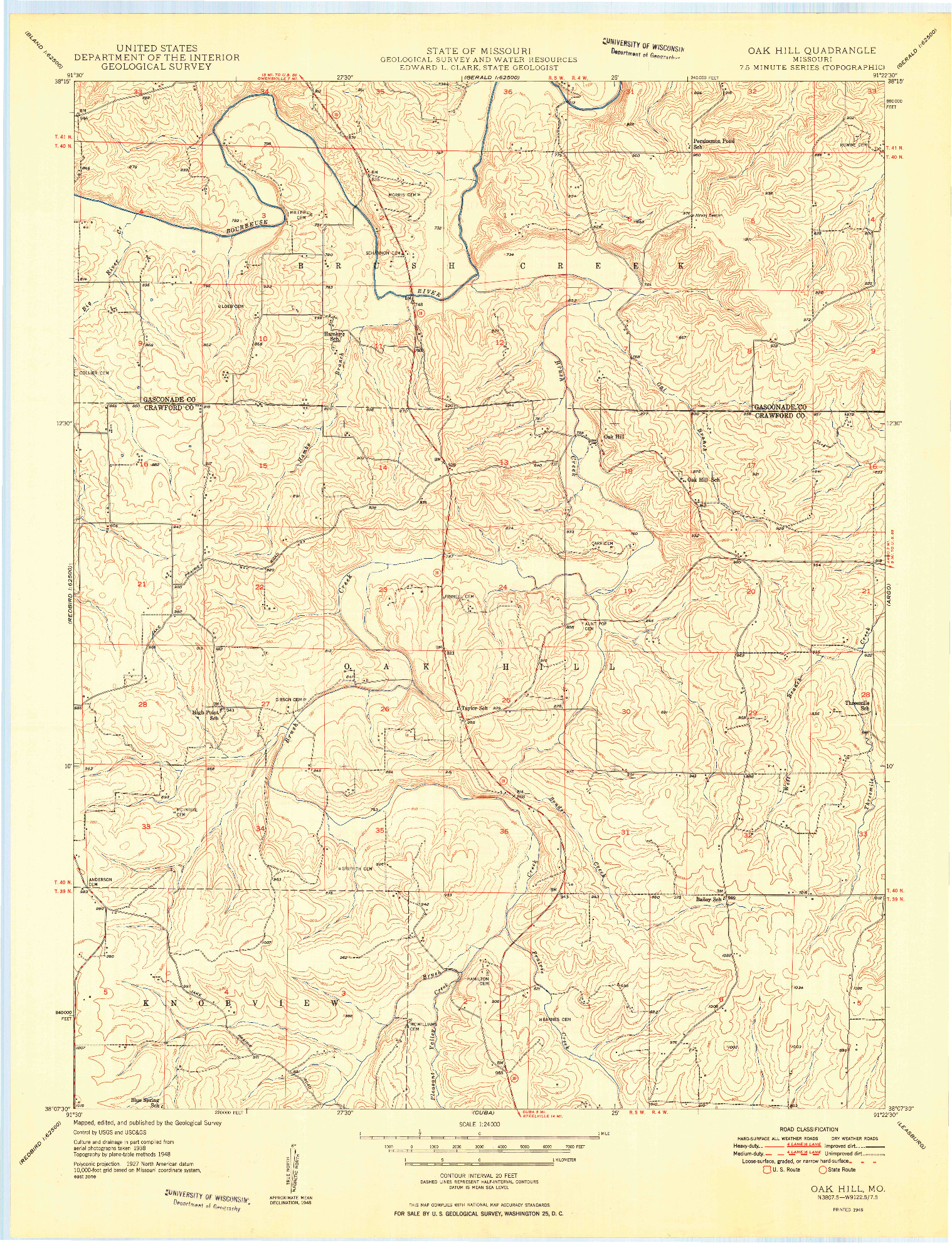 USGS 1:24000-SCALE QUADRANGLE FOR OAK HILL, MO 1949