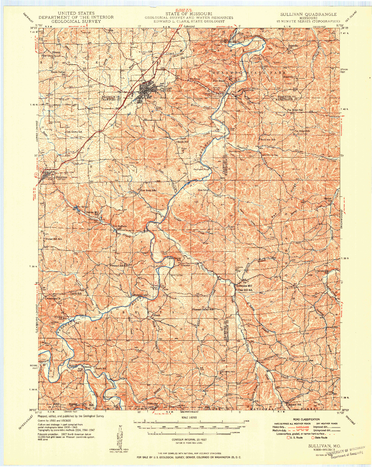 USGS 1:62500-SCALE QUADRANGLE FOR SULLIVAN, MO 1949