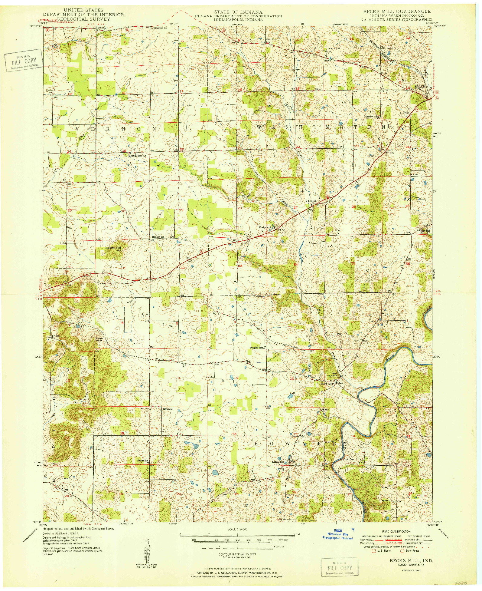 USGS 1:24000-SCALE QUADRANGLE FOR BECKS MILL, IN 1950