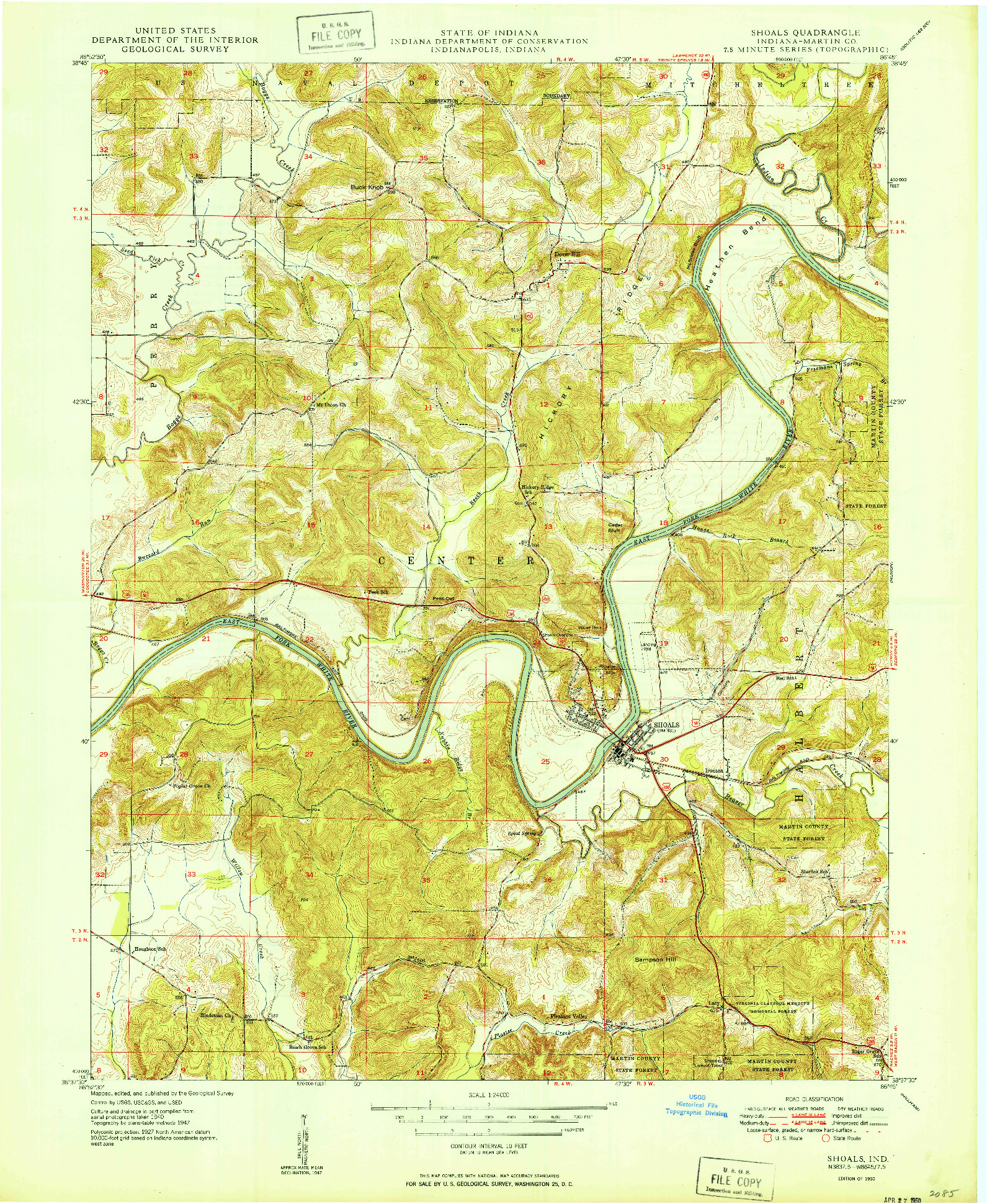 USGS 1:24000-SCALE QUADRANGLE FOR SHOALS, IN 1950