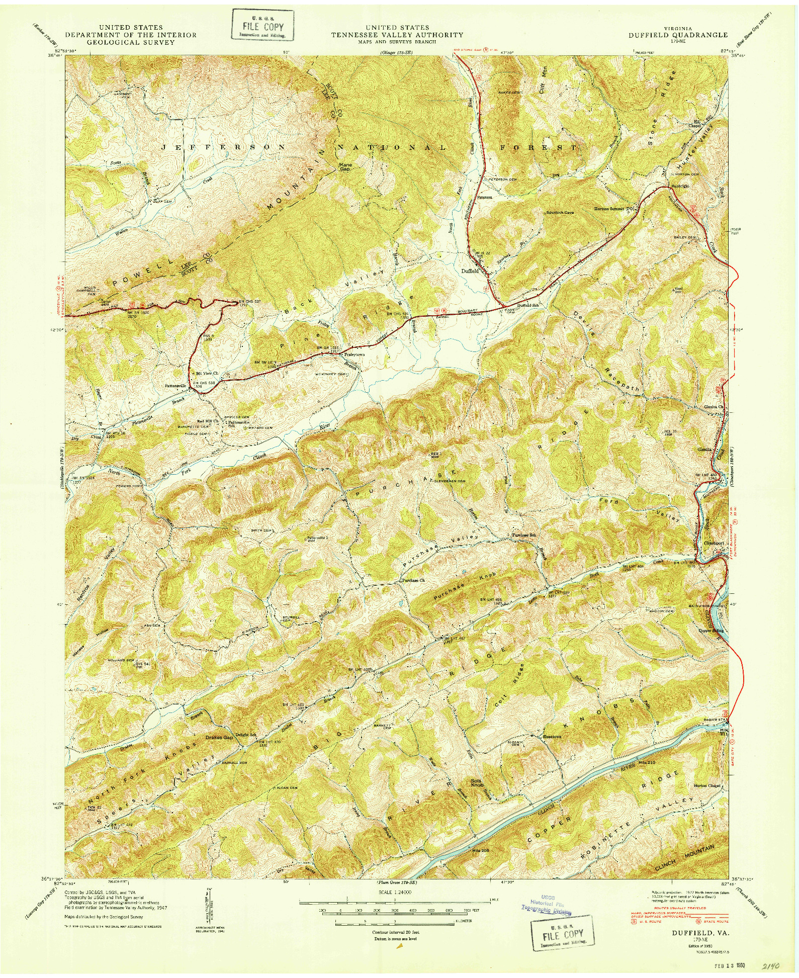 USGS 1:24000-SCALE QUADRANGLE FOR DUFFIELD, VA 1950