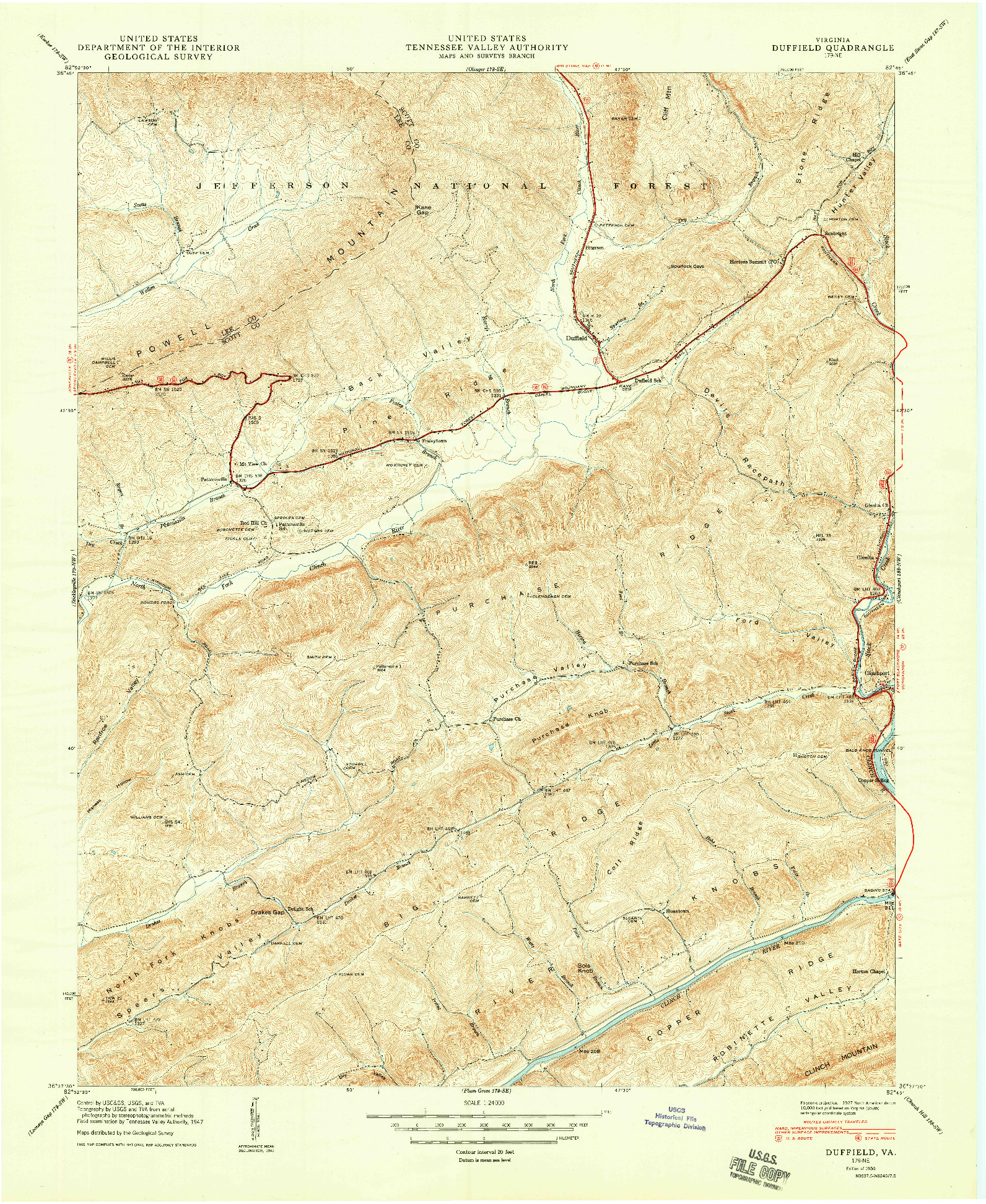 USGS 1:24000-SCALE QUADRANGLE FOR DUFFIELD, VA 1950