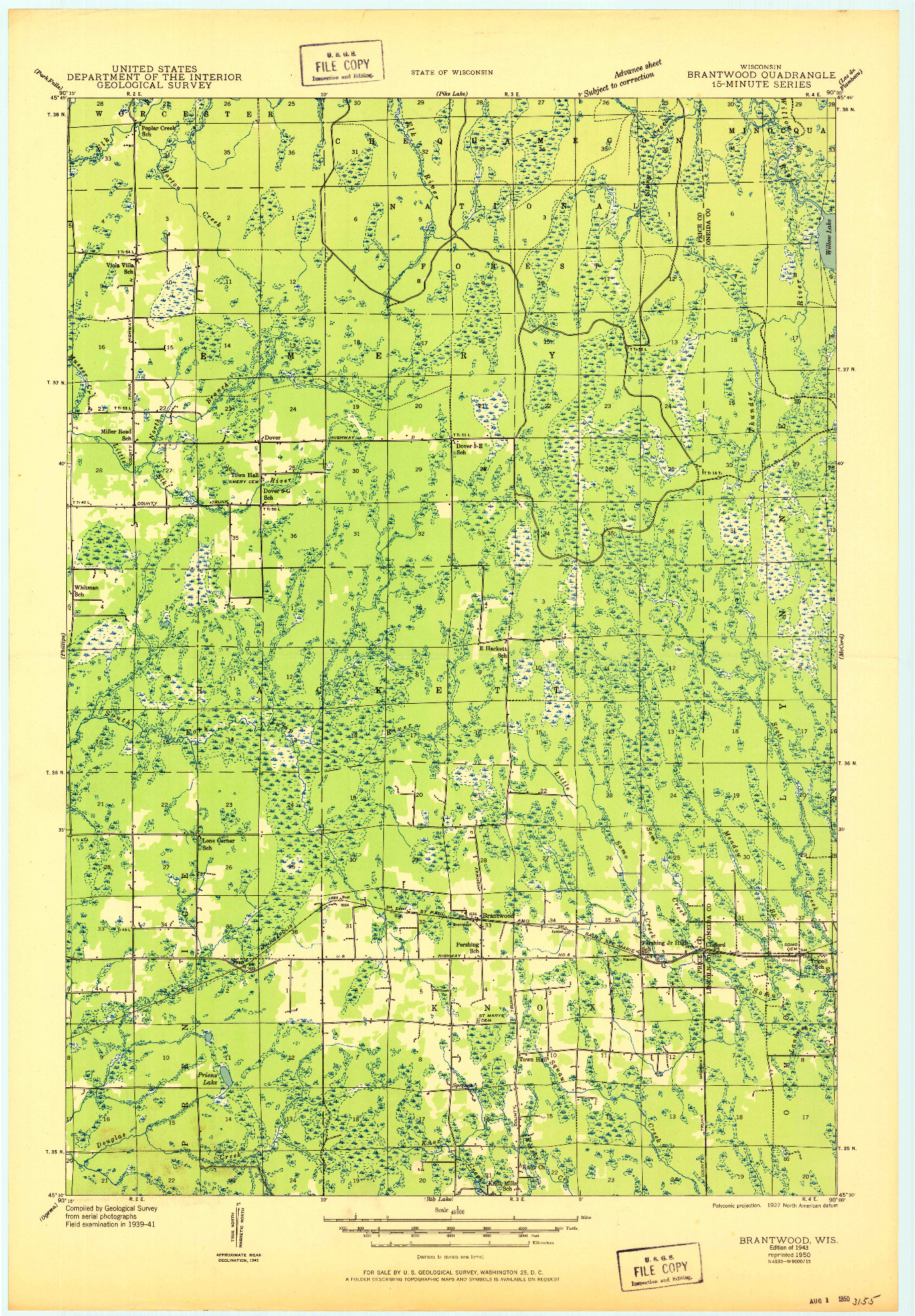 USGS 1:48000-SCALE QUADRANGLE FOR BRANTWOOD, WI 1943