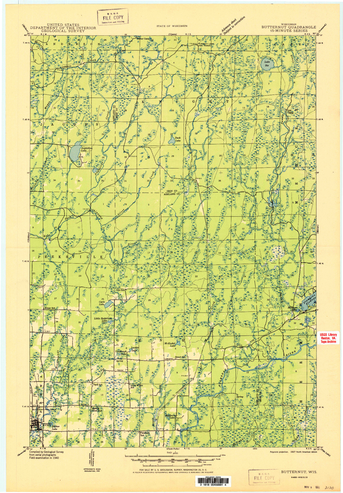 USGS 1:48000-SCALE QUADRANGLE FOR BUTTERNUT, WI 1950