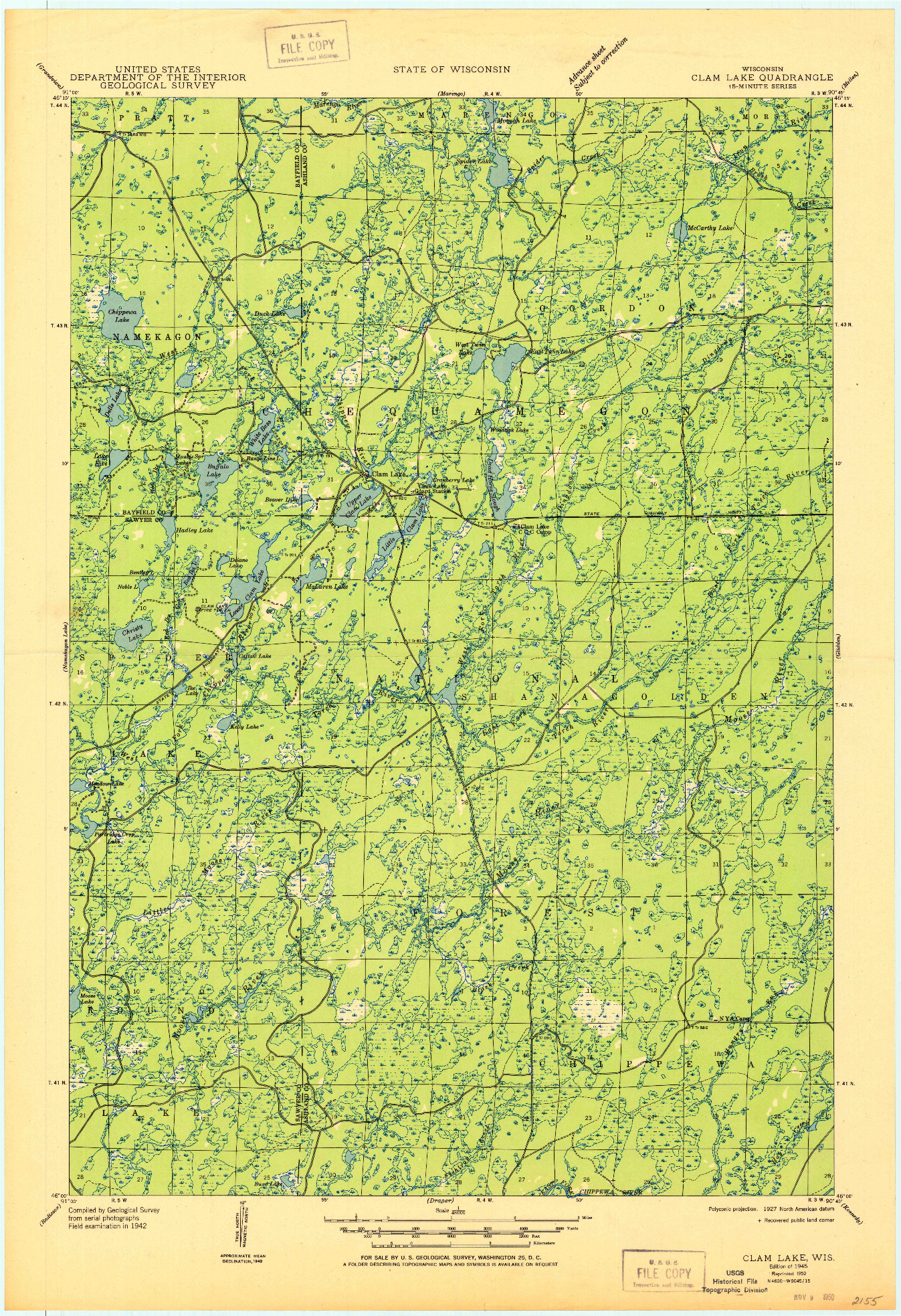 USGS 1:48000-SCALE QUADRANGLE FOR CLAM LAKE, WI 1945