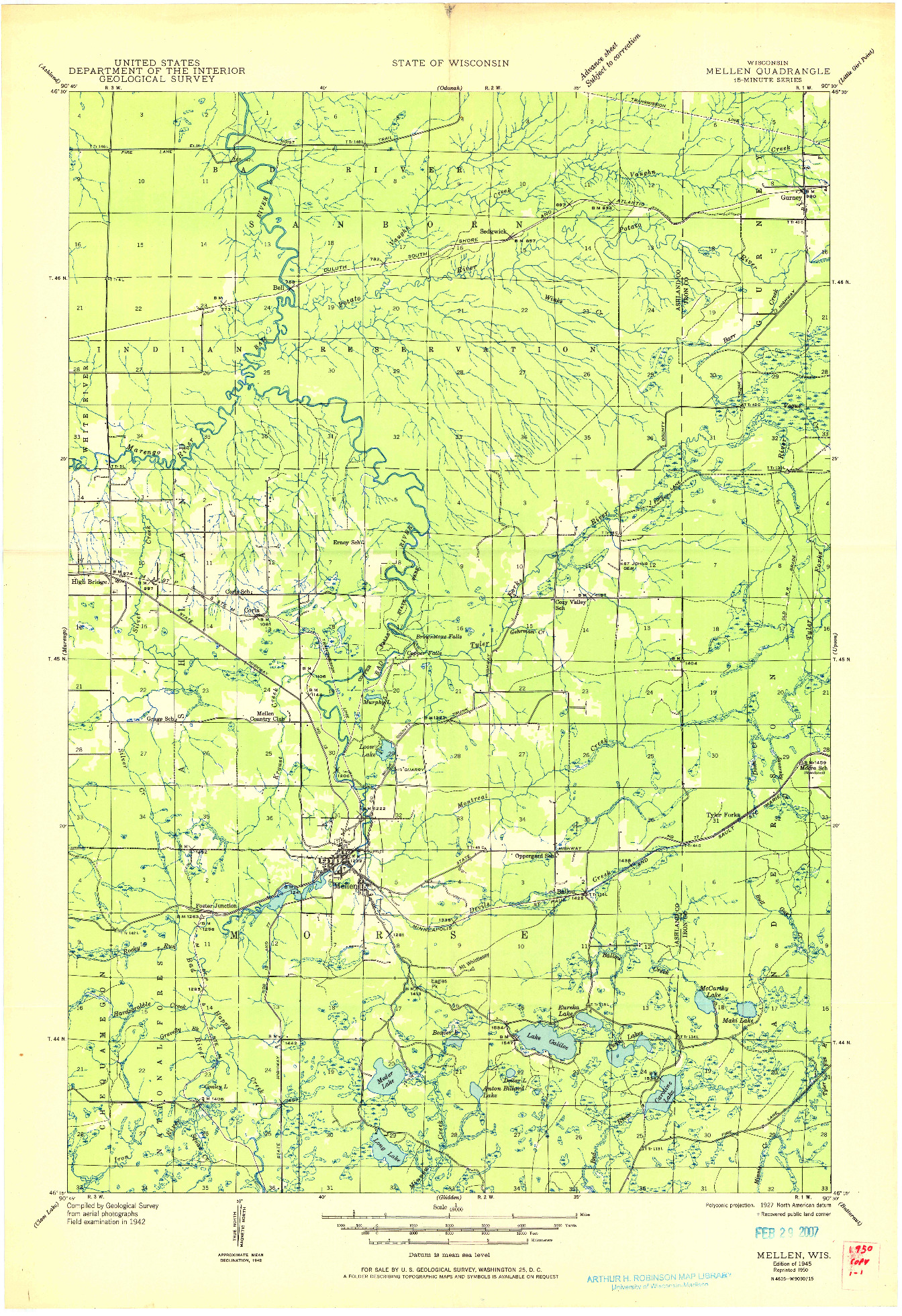 USGS 1:48000-SCALE QUADRANGLE FOR MELLEN, WI 1945