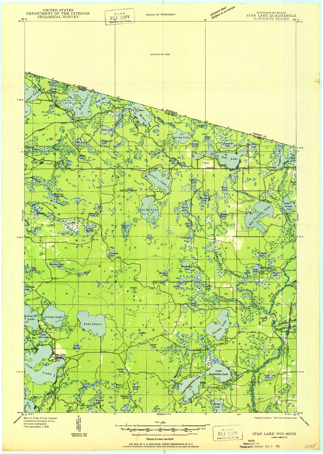 USGS 1:48000-SCALE QUADRANGLE FOR STAR LAKE, WI 1950