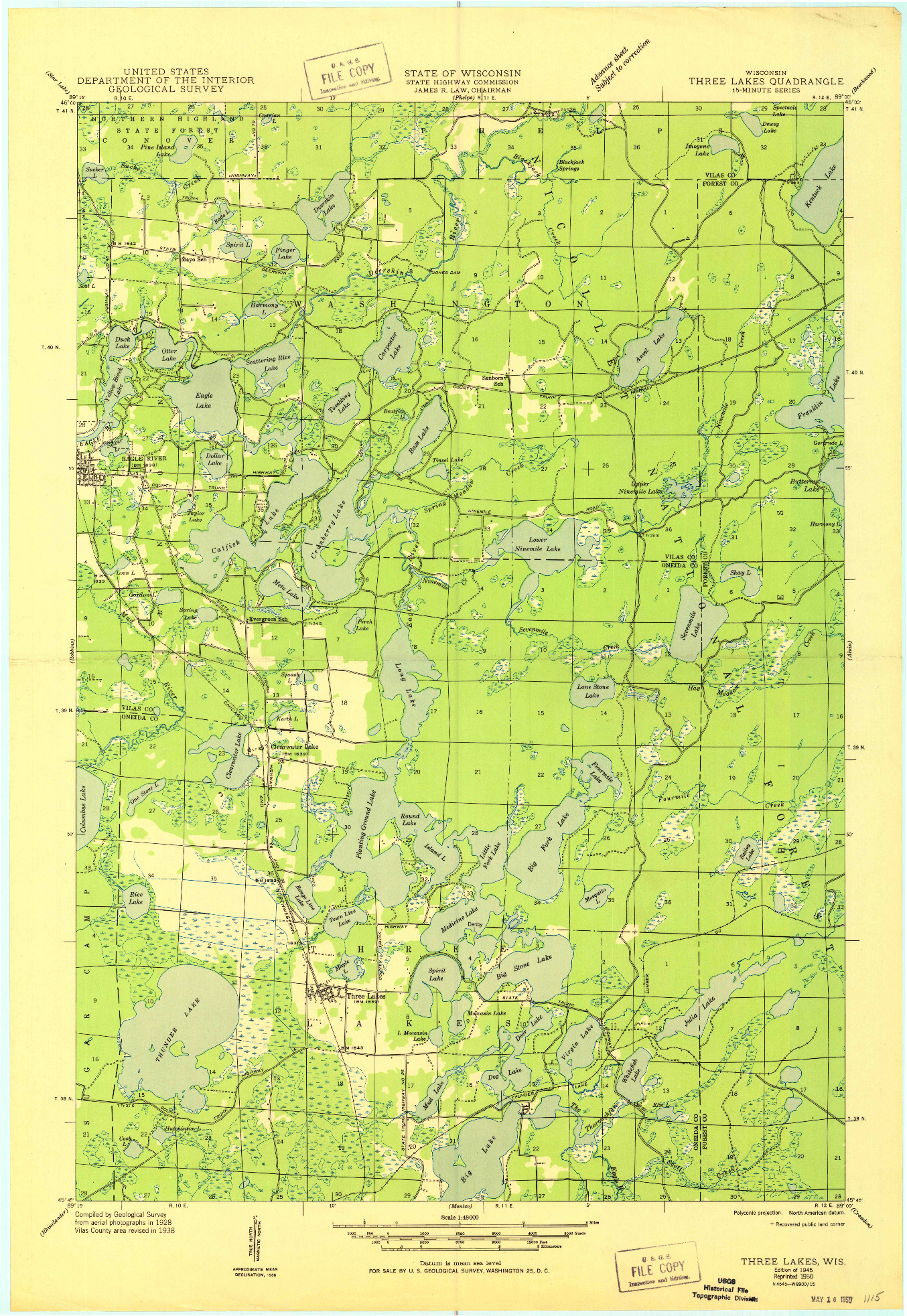 USGS 1:48000-SCALE QUADRANGLE FOR THREE LAKES, WI 1945