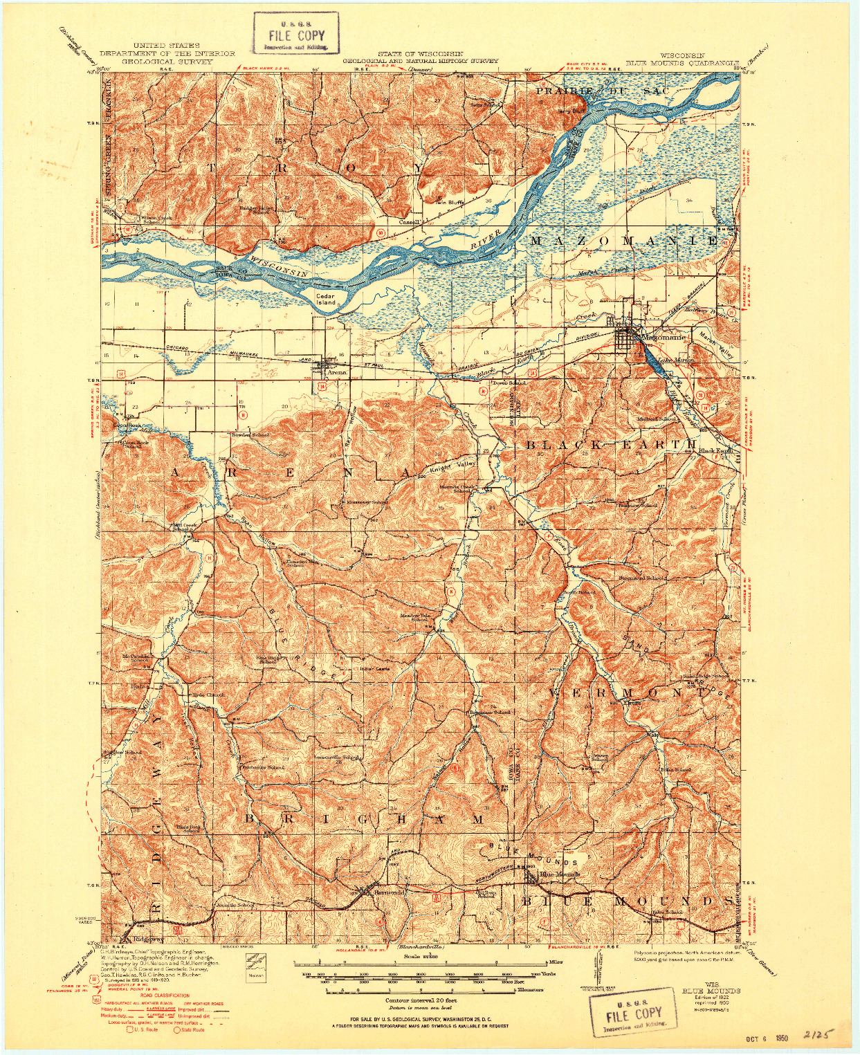 USGS 1:62500-SCALE QUADRANGLE FOR BLUE MOUNDS, WI 1922