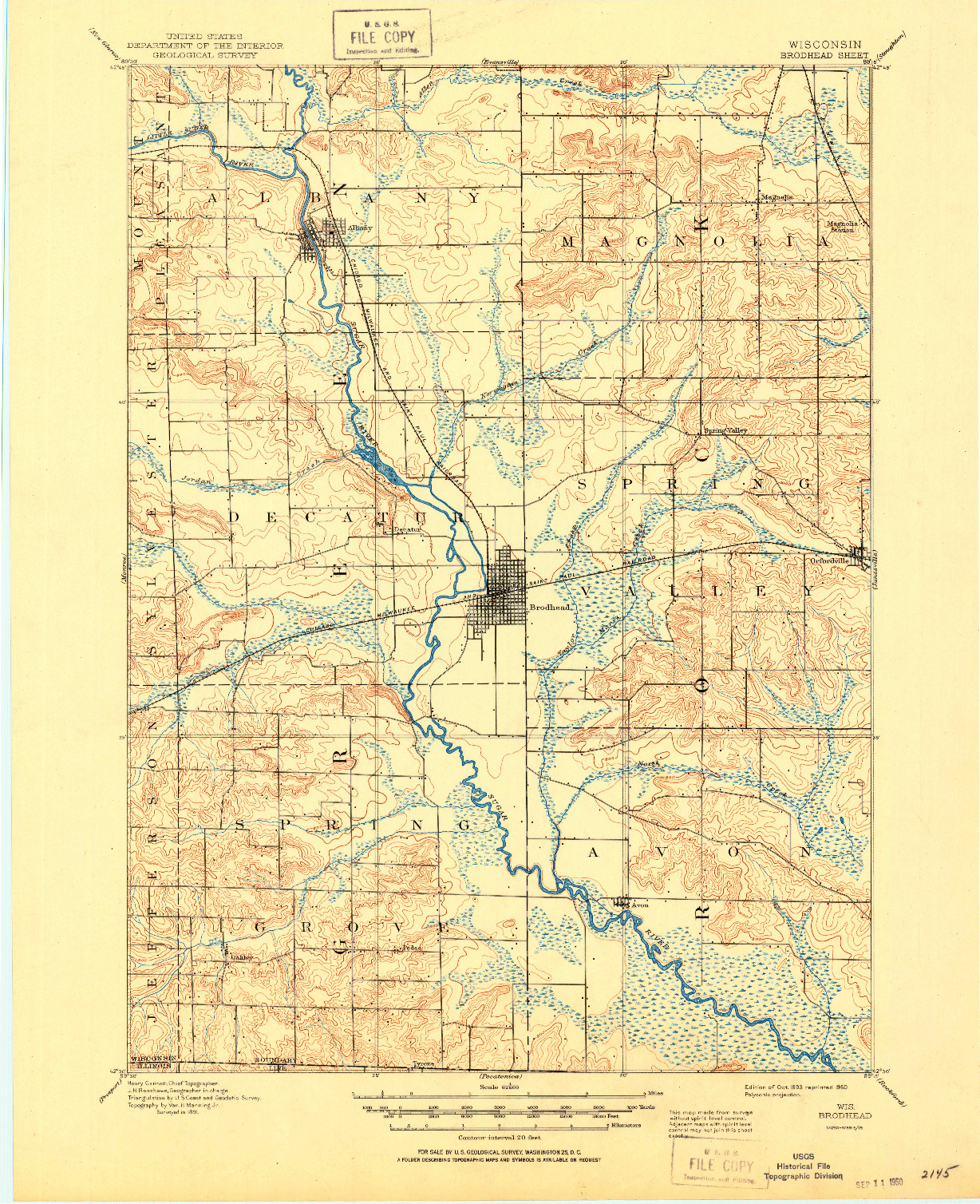 USGS 1:62500-SCALE QUADRANGLE FOR BRODHEAD, WI 1893
