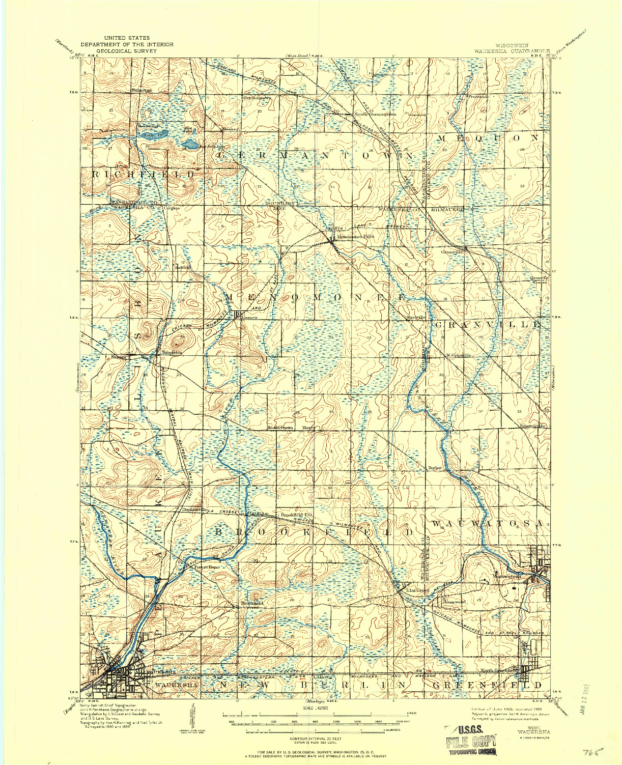 USGS 1:62500-SCALE QUADRANGLE FOR WAUKESHA, WI 1906