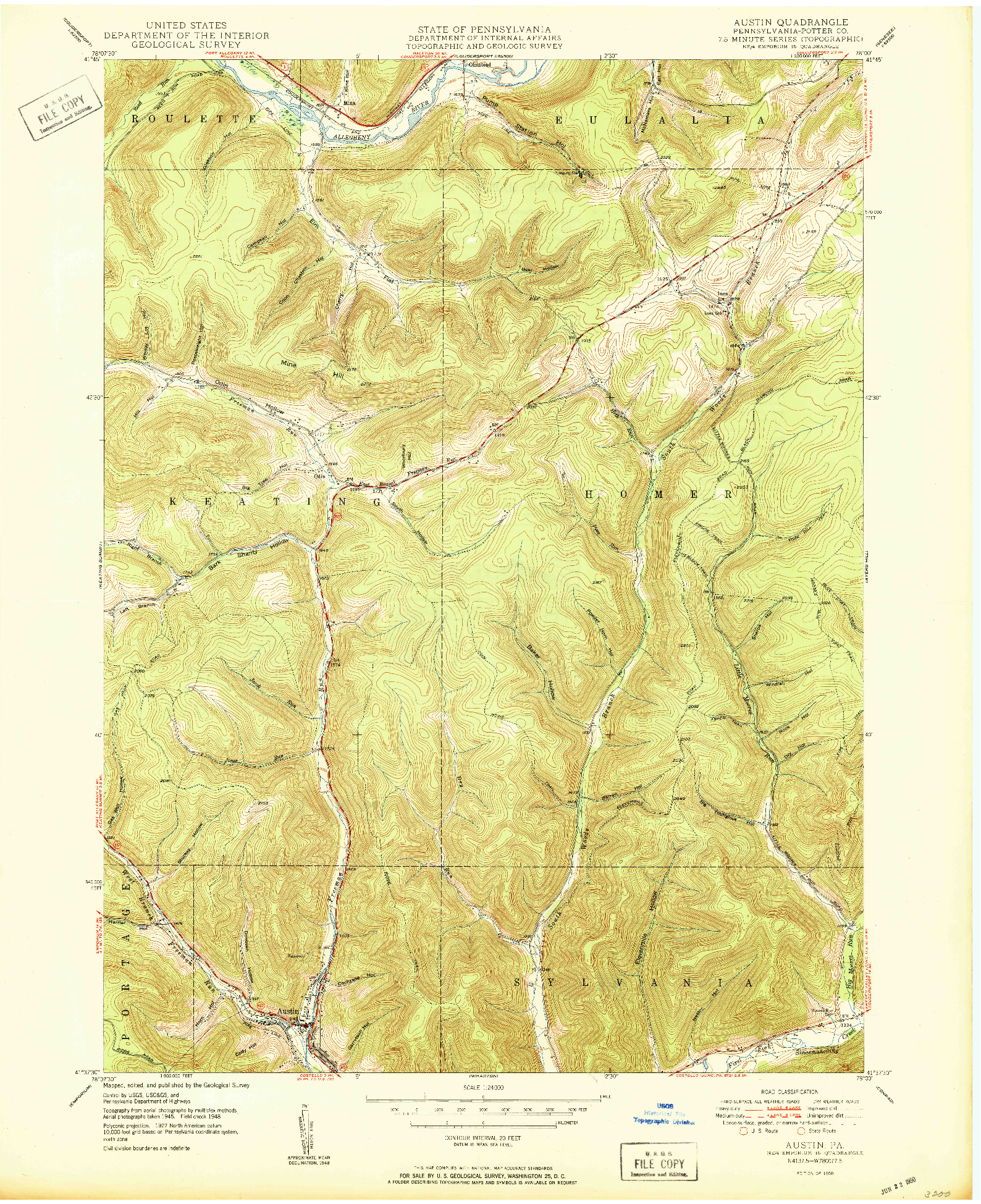 USGS 1:24000-SCALE QUADRANGLE FOR AUSTIN, PA 1950