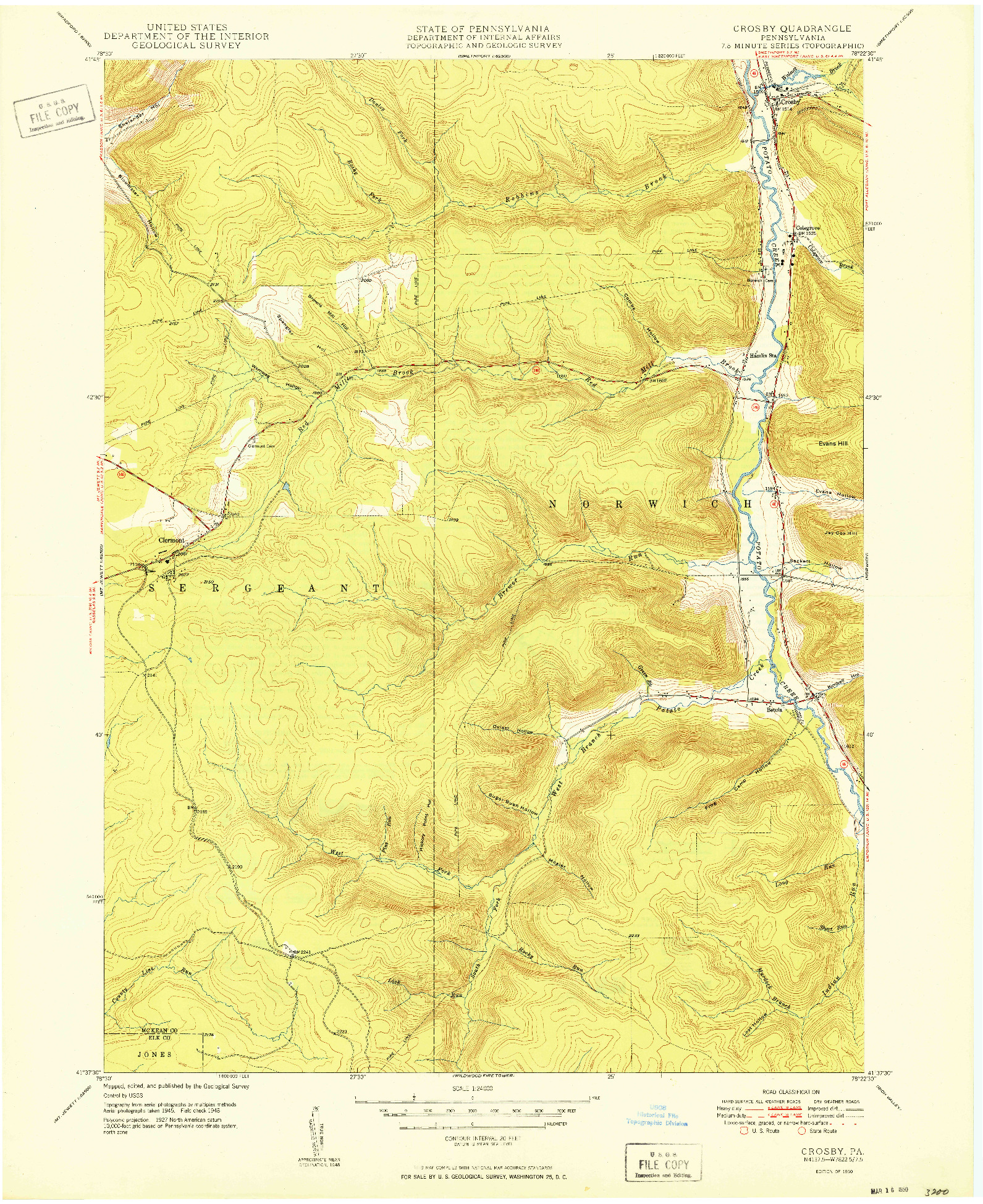 USGS 1:24000-SCALE QUADRANGLE FOR CROSBY, PA 1950