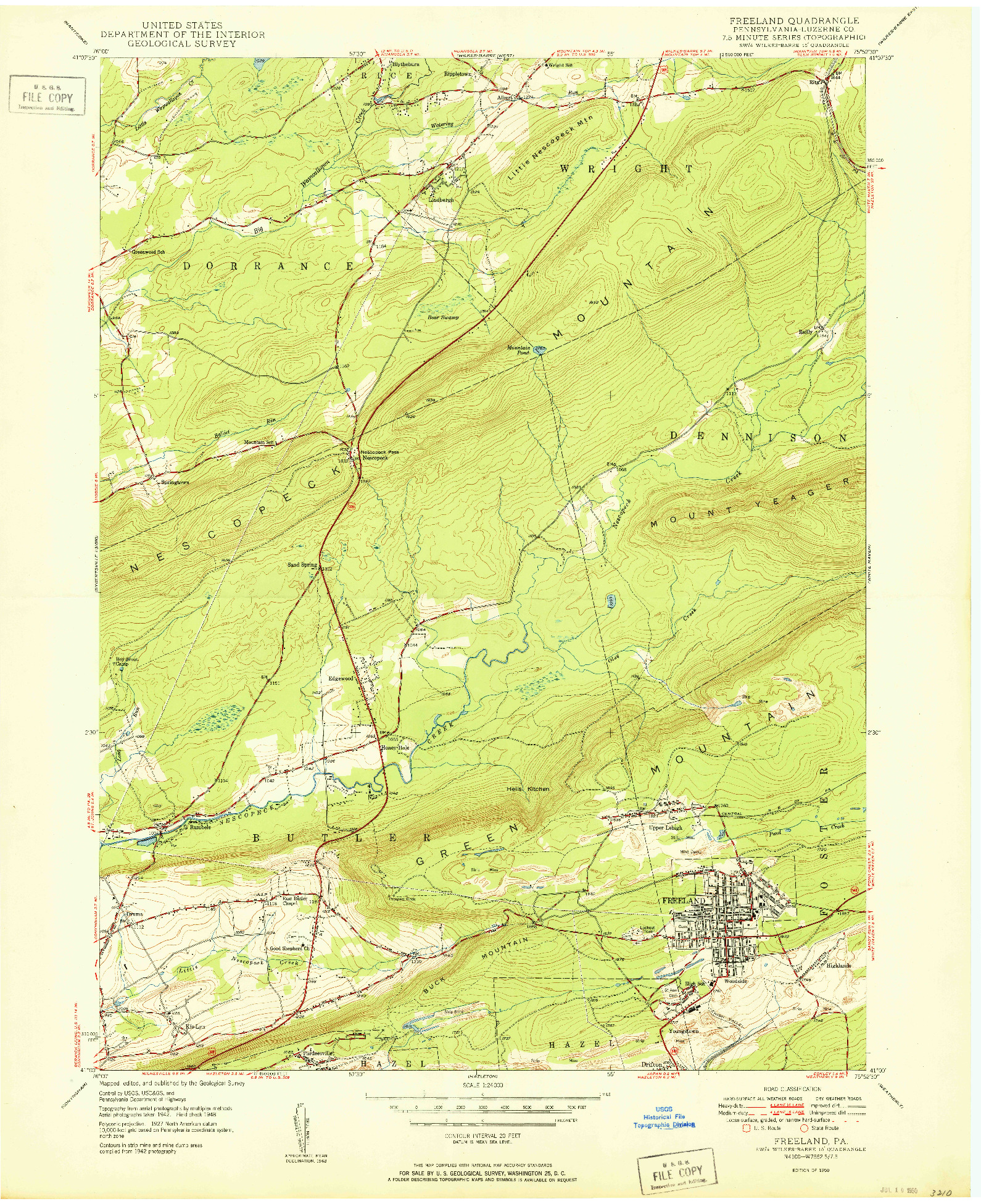 USGS 1:24000-SCALE QUADRANGLE FOR FREELAND, PA 1950