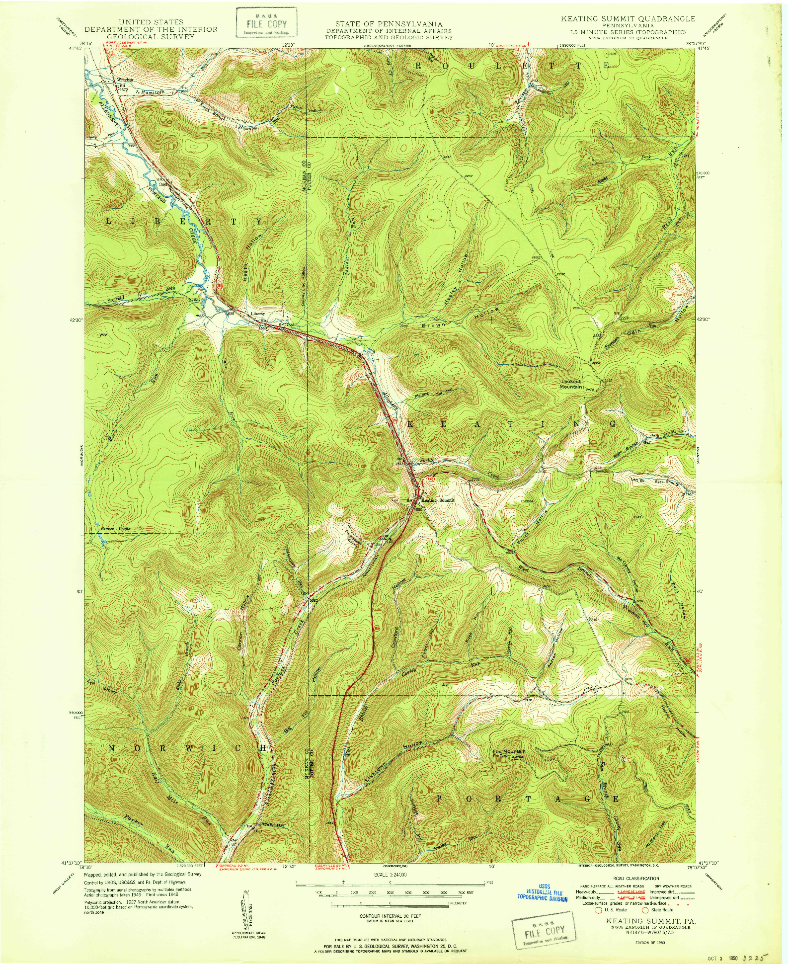 USGS 1:24000-SCALE QUADRANGLE FOR KEATING SUMMIT, PA 1950