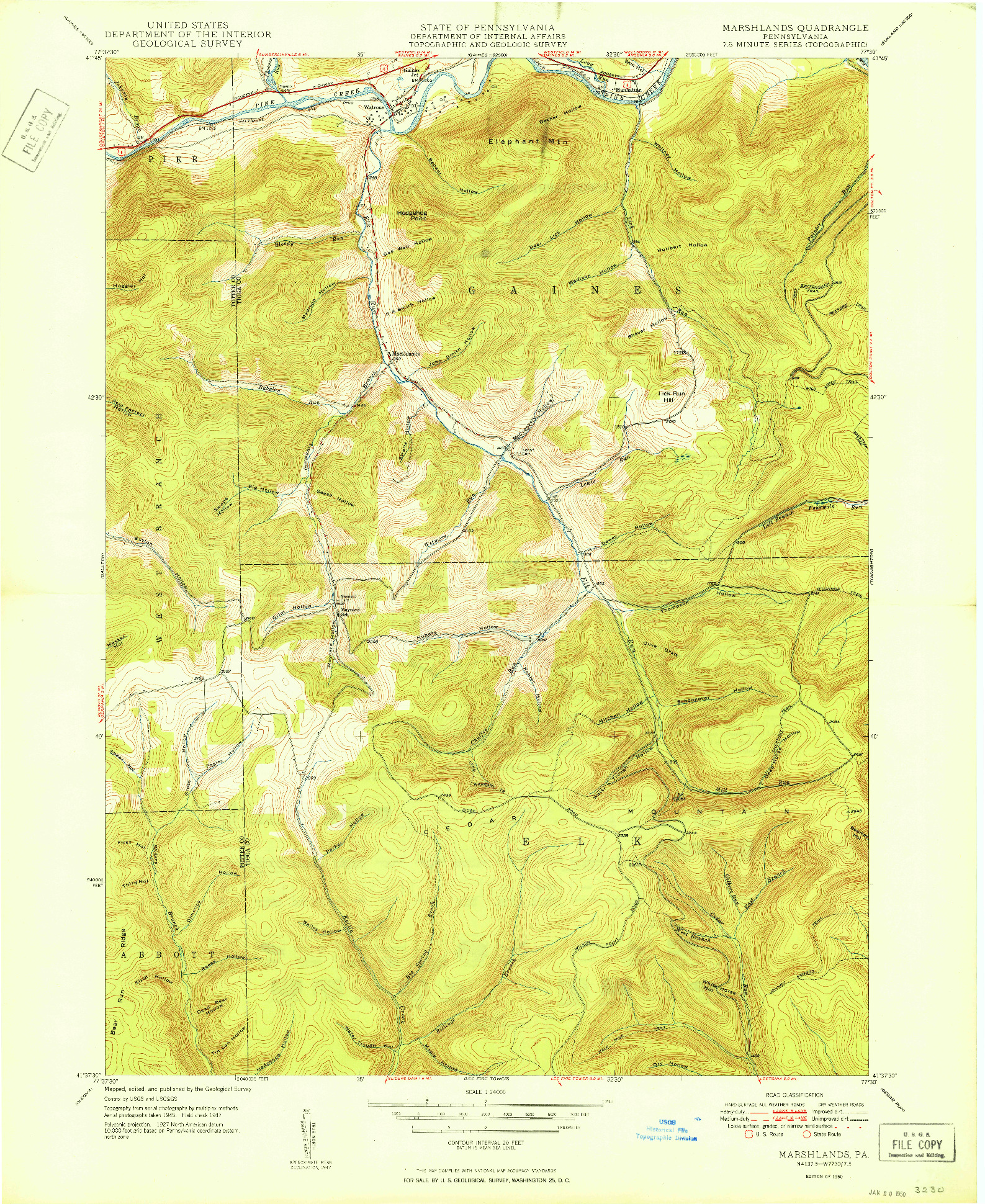 USGS 1:24000-SCALE QUADRANGLE FOR MARSHLANDS, PA 1950