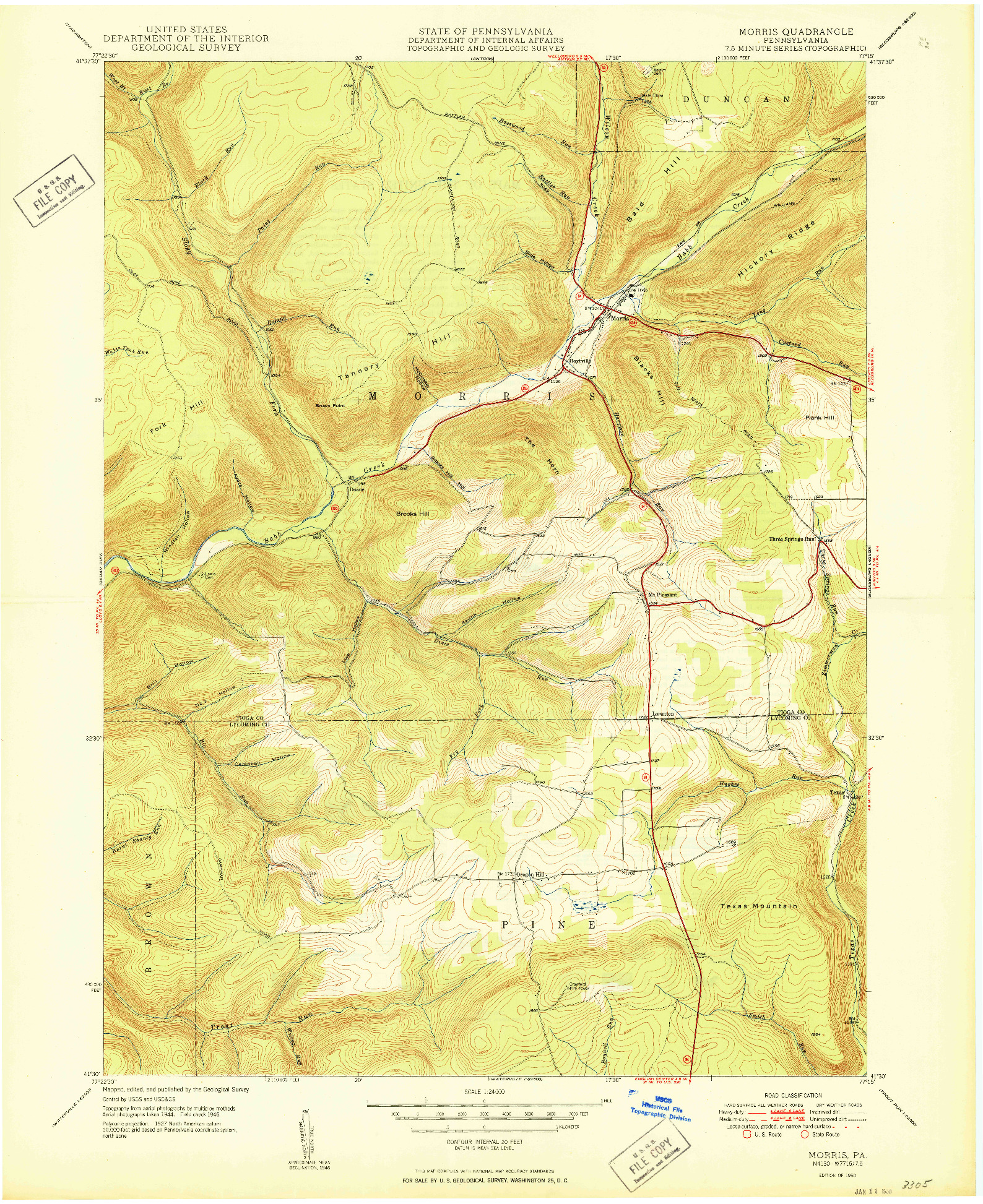 USGS 1:24000-SCALE QUADRANGLE FOR MORRIS, PA 1950