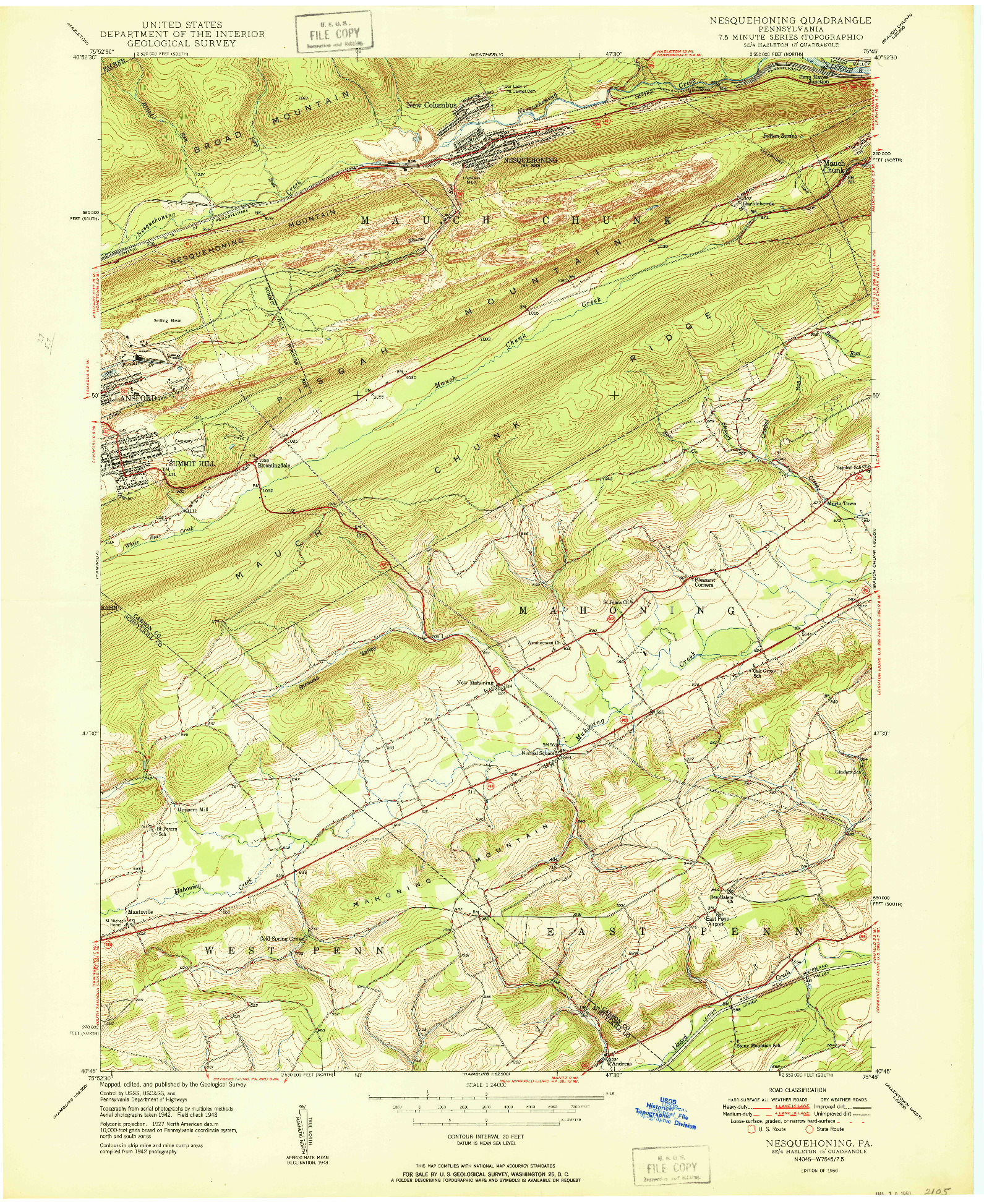 USGS 1:24000-SCALE QUADRANGLE FOR NESQUEHONING, PA 1950