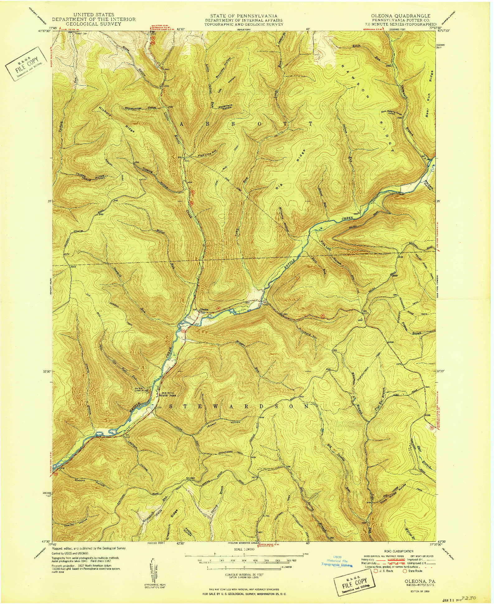 USGS 1:24000-SCALE QUADRANGLE FOR OLEONA, PA 1950