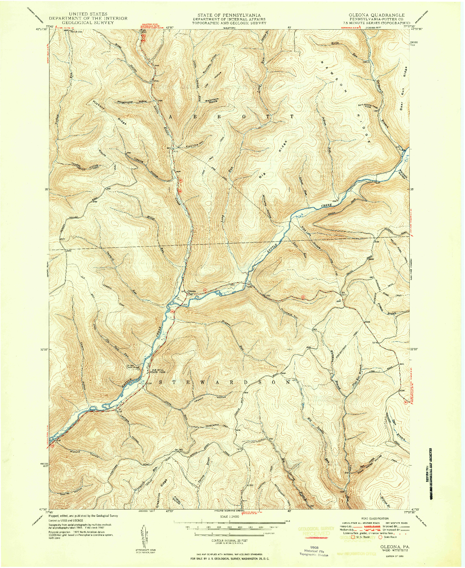 USGS 1:24000-SCALE QUADRANGLE FOR OLEONA, PA 1950