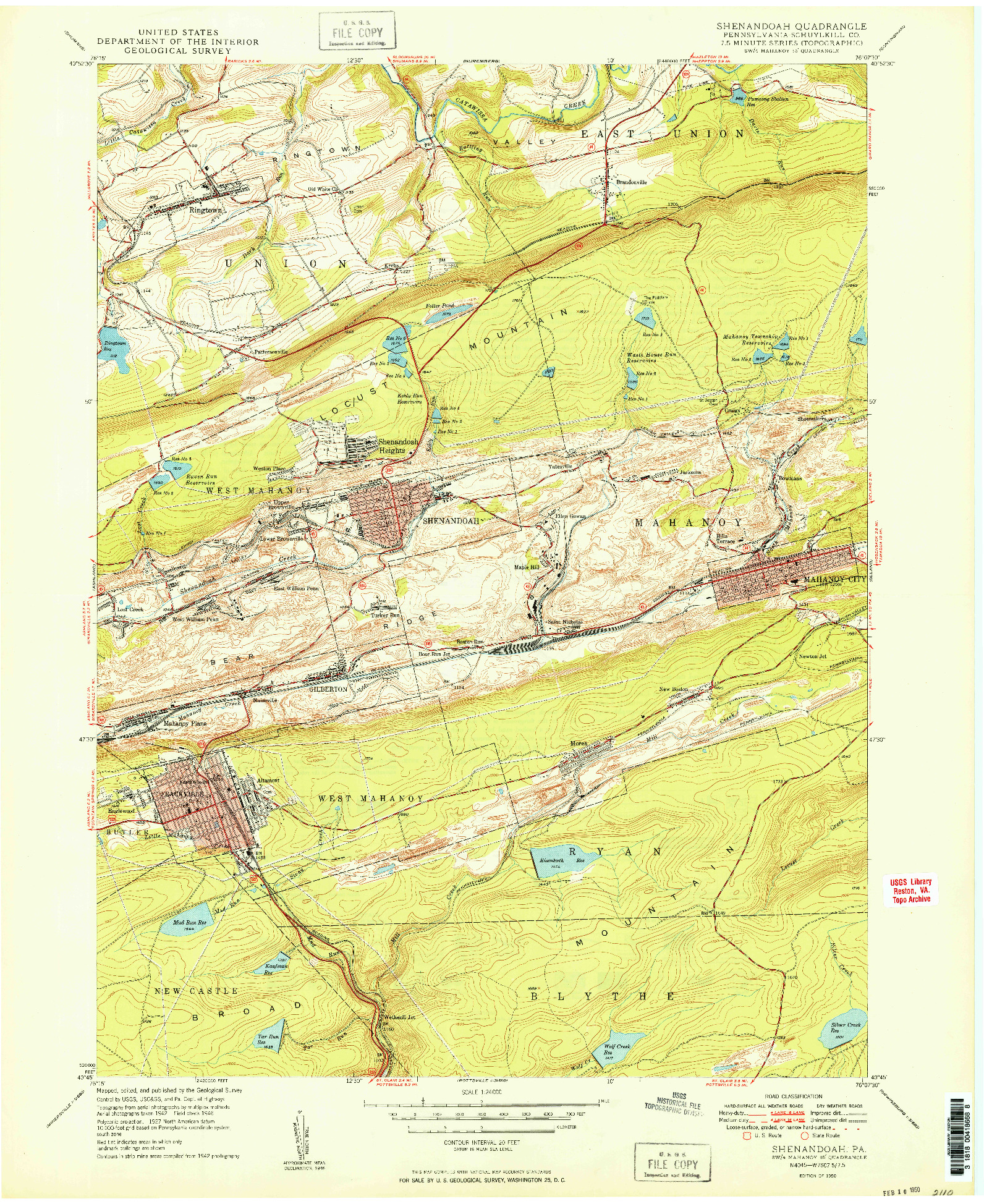 USGS 1:24000-SCALE QUADRANGLE FOR SHENANDOAH, PA 1950