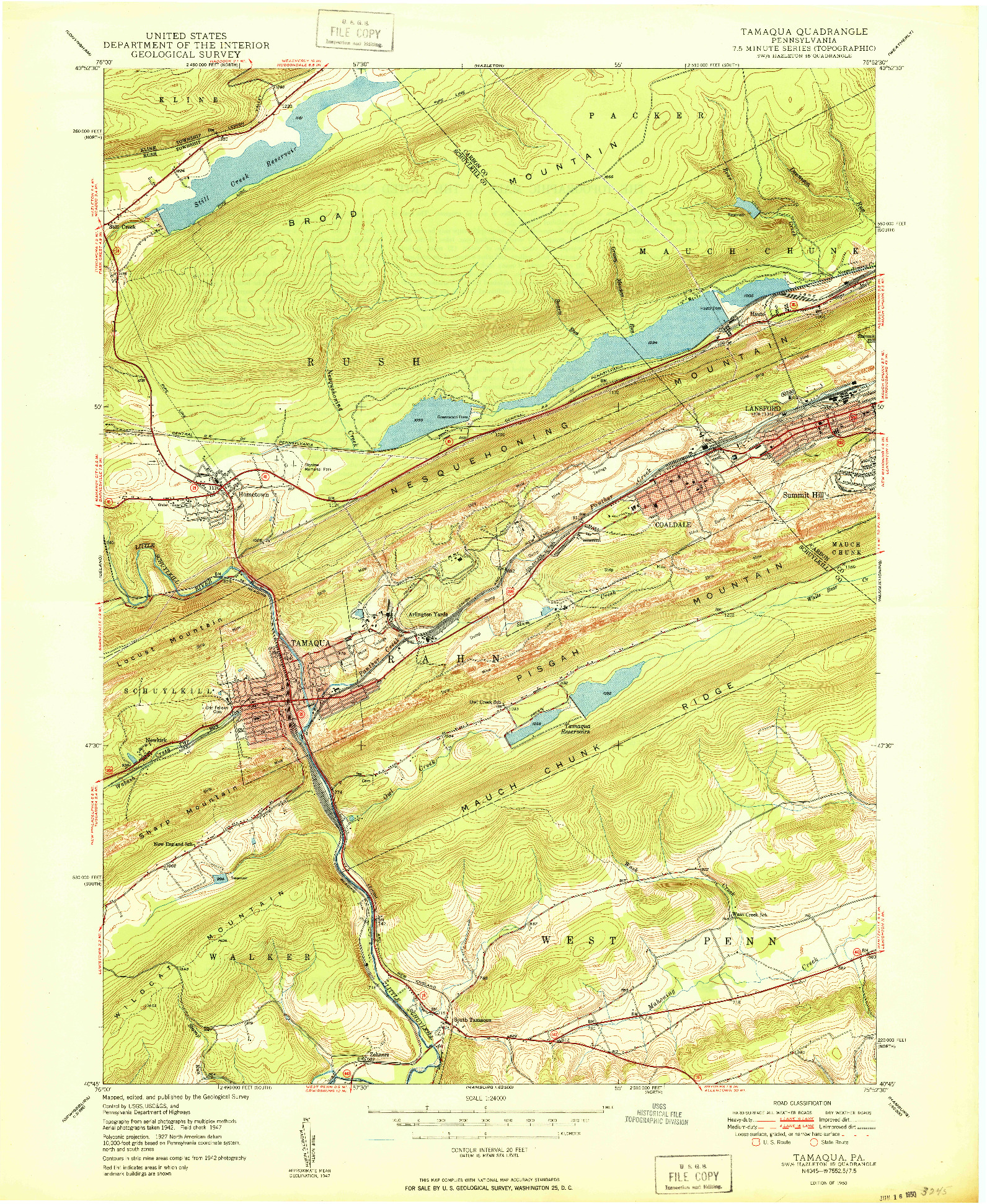 USGS 1:24000-SCALE QUADRANGLE FOR TAMAQUA, PA 1950